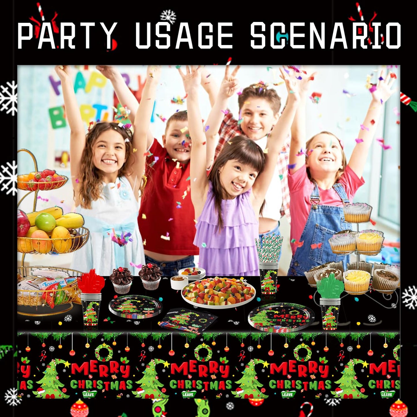 Christmas Novelty Party Tableware Set - Serves 25 Holiday Party Supplies, Disposable Plates, Tablecloth, Cups, Forks, Spoons, Knife, Napkins Dinnerware Utensils for Black Winter New Year Party