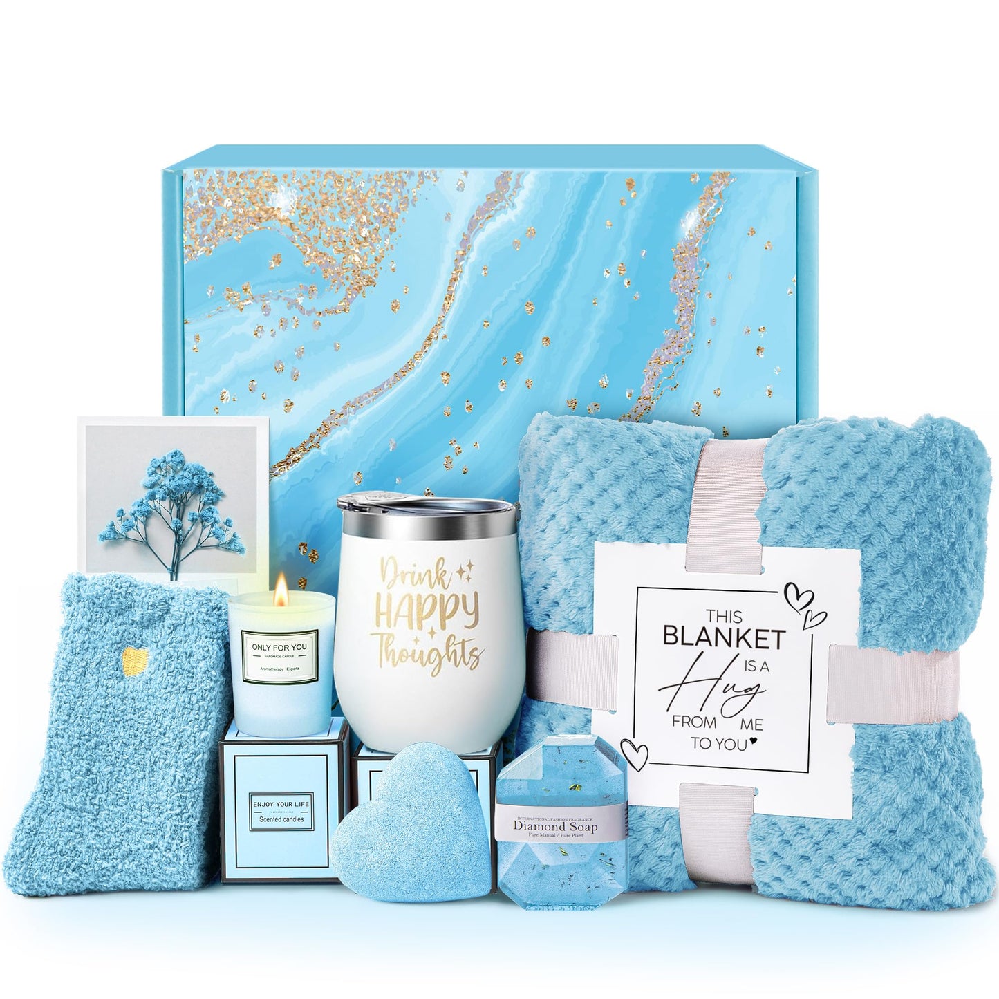 Self Care Get Well Soon Gifts for Women, Luxury Ocean Spa Gift Basket with Flannel Blanket - Unique Birthday Valentines Mother's Day Christmas Gifts for Mom Wife Girlfriend Best Friend Sister Her