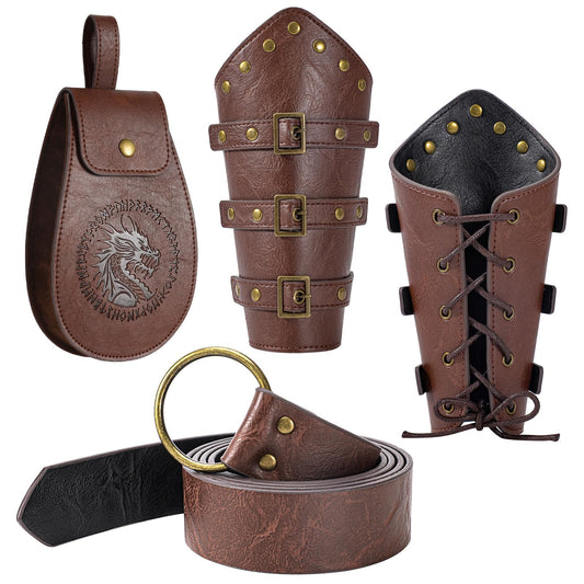 Berenlu 3 PCS Renaissance Accessories, Viking Renaissance Belt Medieval Vintage Belt Pouch and Leather Bracers, Enhance Your Halloween Renaissance Cosplay with Medieval Accessories (Brown)
