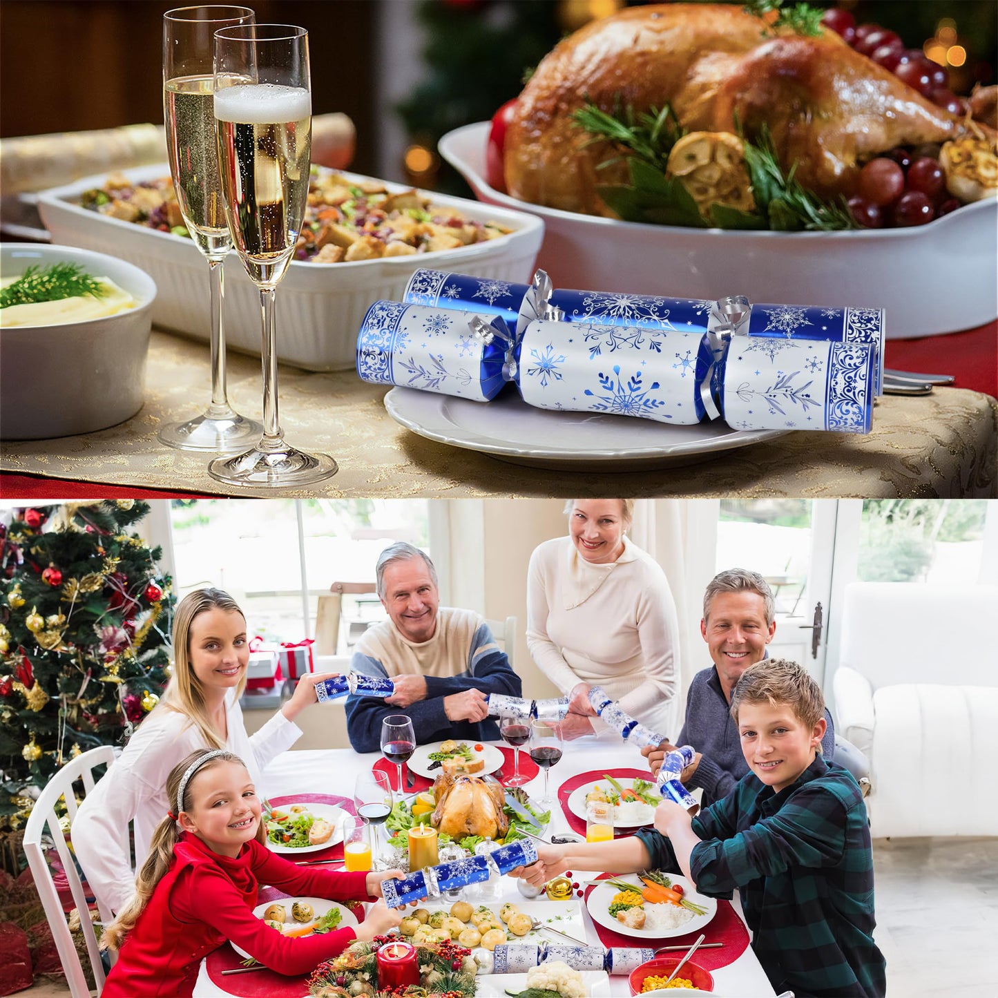 Christmas Crackers, 12 Pack Valentines No Snap Party Favors with Party Hat, Joke & Little Gift Inside for Christmas Thanksgiving Seasonal Holiday Dinner Traditions (Blue and White)