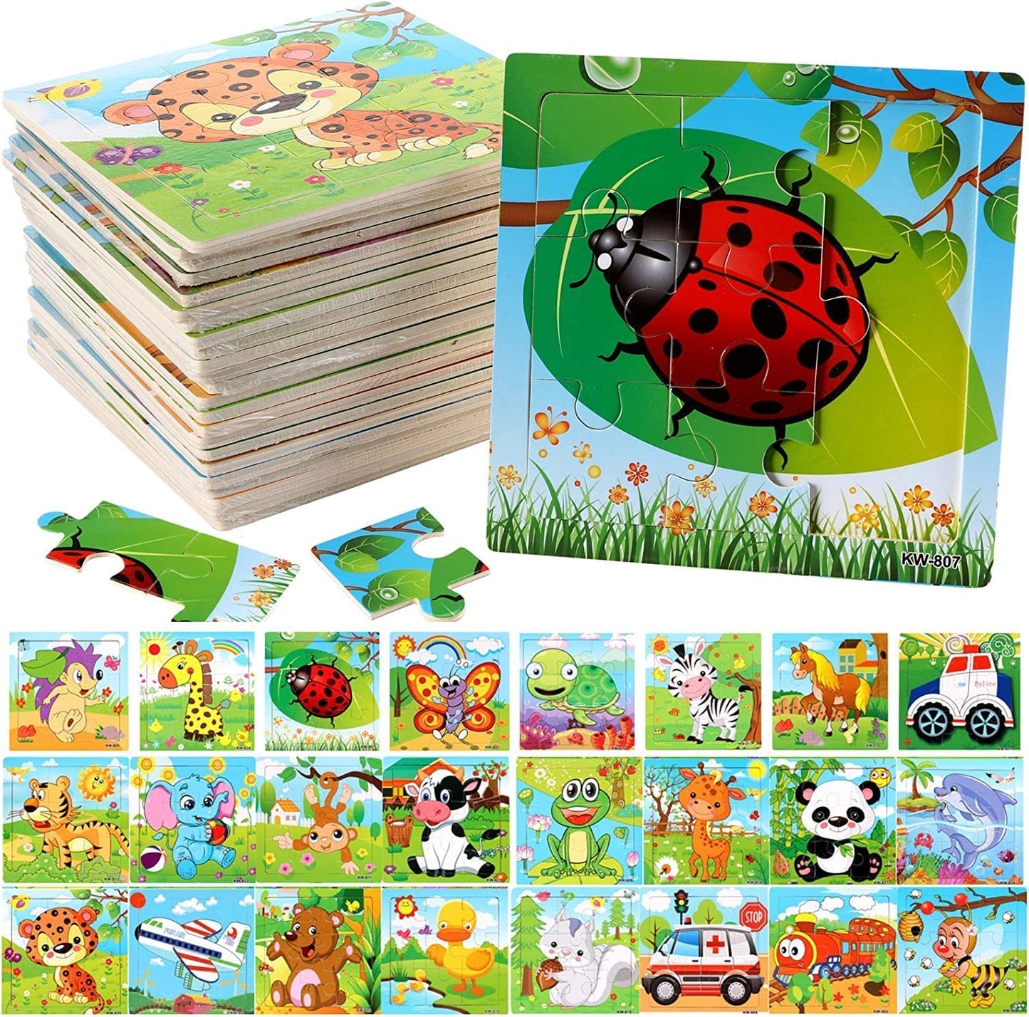 Yopay 24 Pack Wooden Puzzles for Kids,Mini Jigsaw Animal Puzzles Set for Kids Boys Girls, Early Preschool Educational Toys, 20 Animal Patterns + 4 Transportations