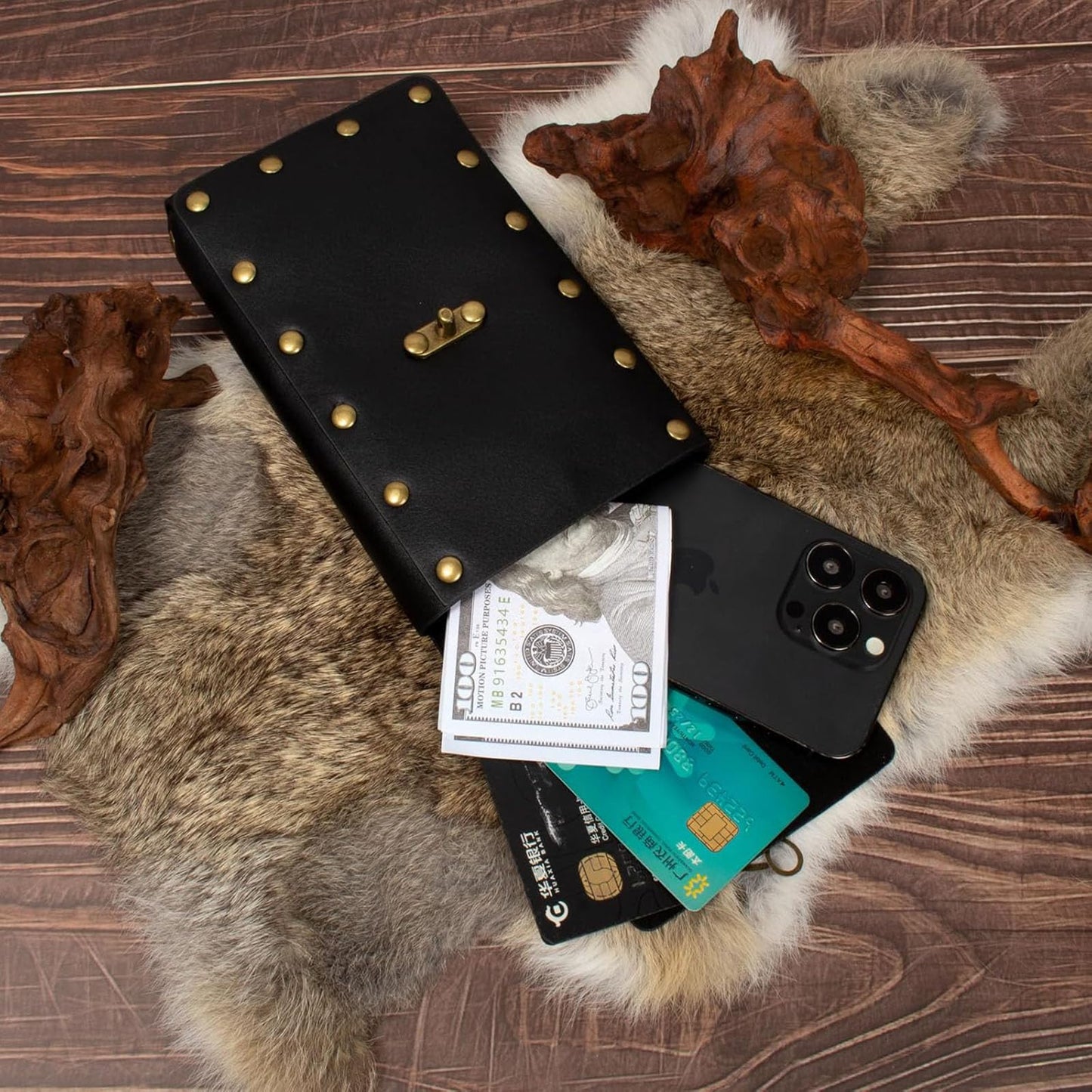 Renaissance Belt Pouch Purse Viking Bracer Hook Halloween Set Medieval Festival Costume Accessory Casual Fanny Pack Waist Bag (Dual-Black)