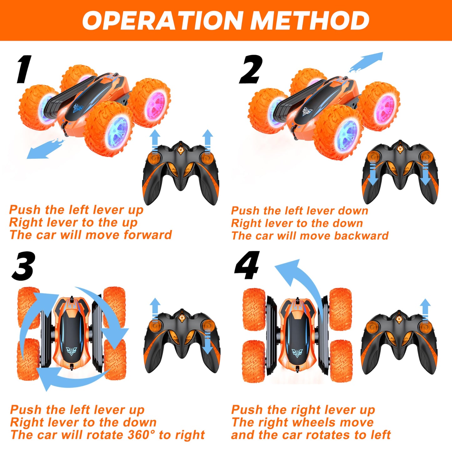 Remote Control Car, 2.4GHz Electric Race Stunt Car, Double Sided 360° Rolling Rotating Rotation, LED Headlights RC 4WD High Speed Off Road Gift for 3 4 5 6 7 8-12 Year Old Boy Toys (Orange)