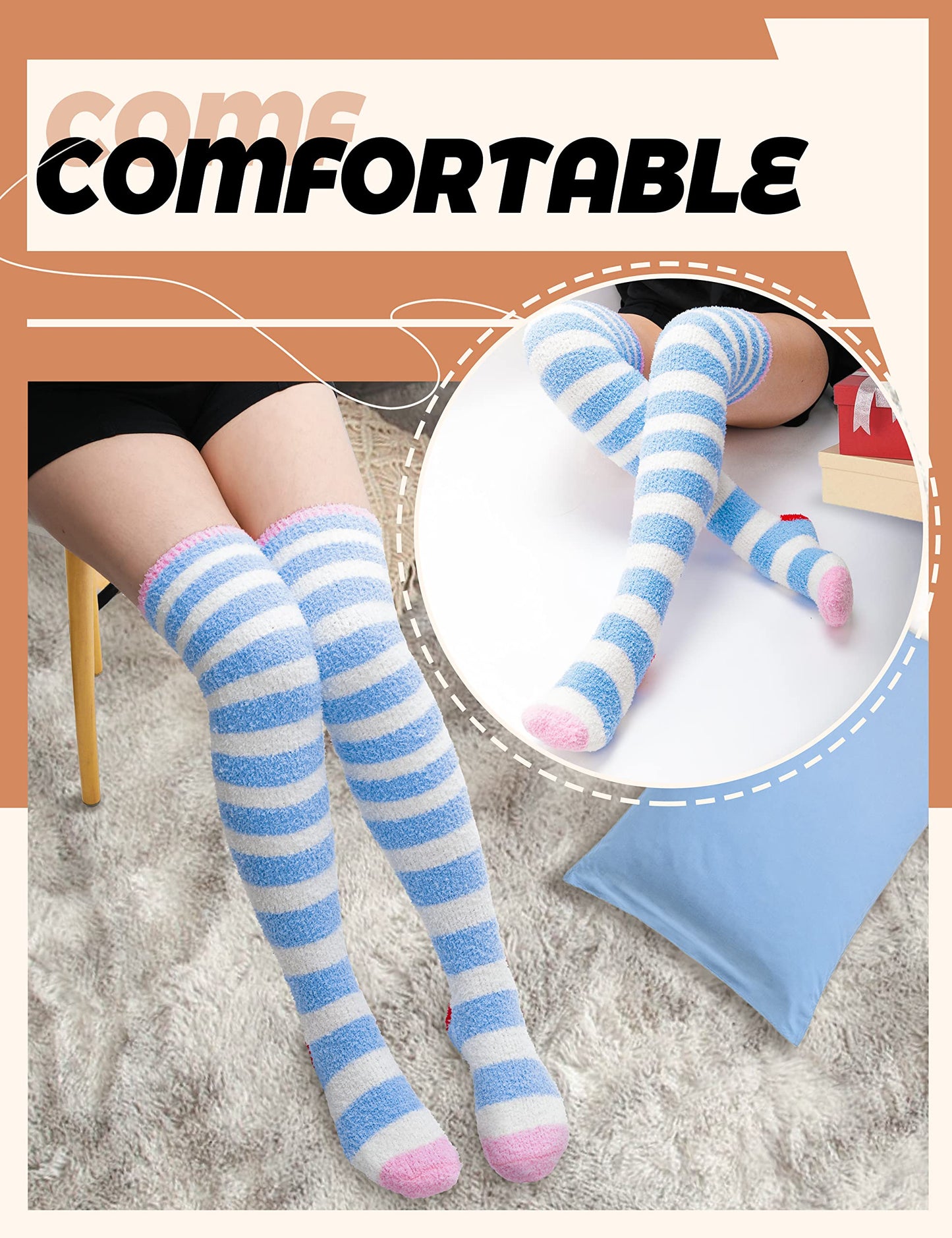 MOGGEI Womens Thigh High Fuzzy Socks Over Knee High Striped Stocking Stuffers Fluffy Cozy Slipper Fleece Gift Socks 2 Pairs (Blue & White Striped)