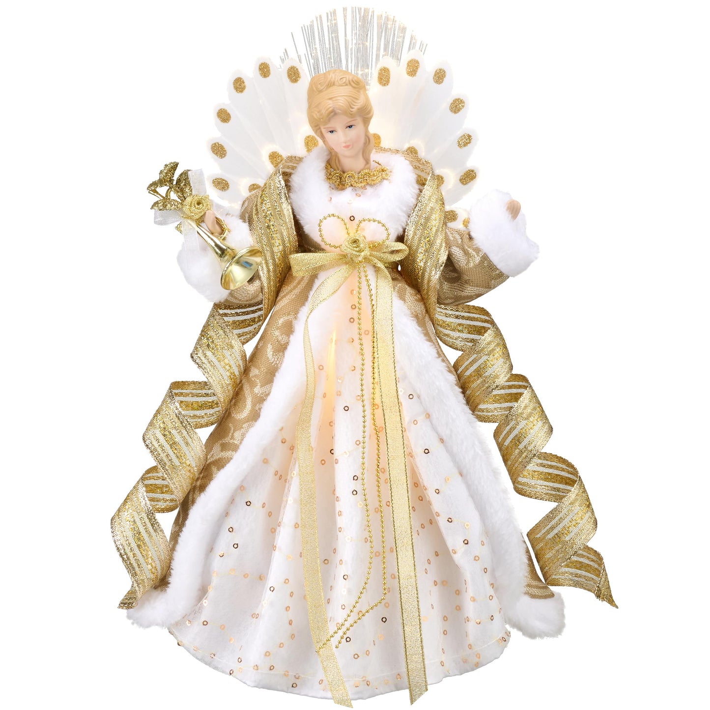 Valery Madelyn Lighted Christmas Tree Topper Angel with Timer, 16 Inch Luxury White Gold Fabric Small Angel Tree Topper with Lights for Christmas Tree Decor Indoor, Battery Operated, Valentines Gift