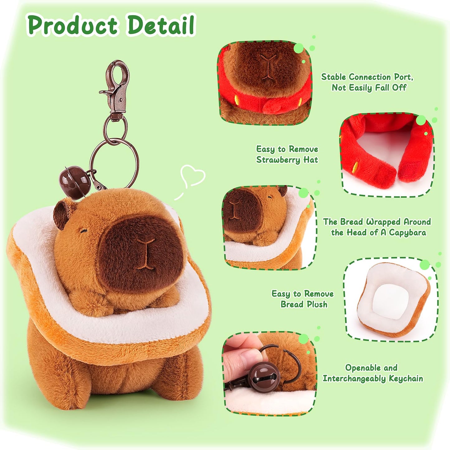 Achwishap 2PCS Capybara Plush Keychain,Cute Keychain Capybara Stuffed Animal,Soft Capybara Plushies Toys Key Chain,Kawaii Plush Stuffed Toys for Kids Adults(Capybara Strawberry Hat,Capybara Bread)
