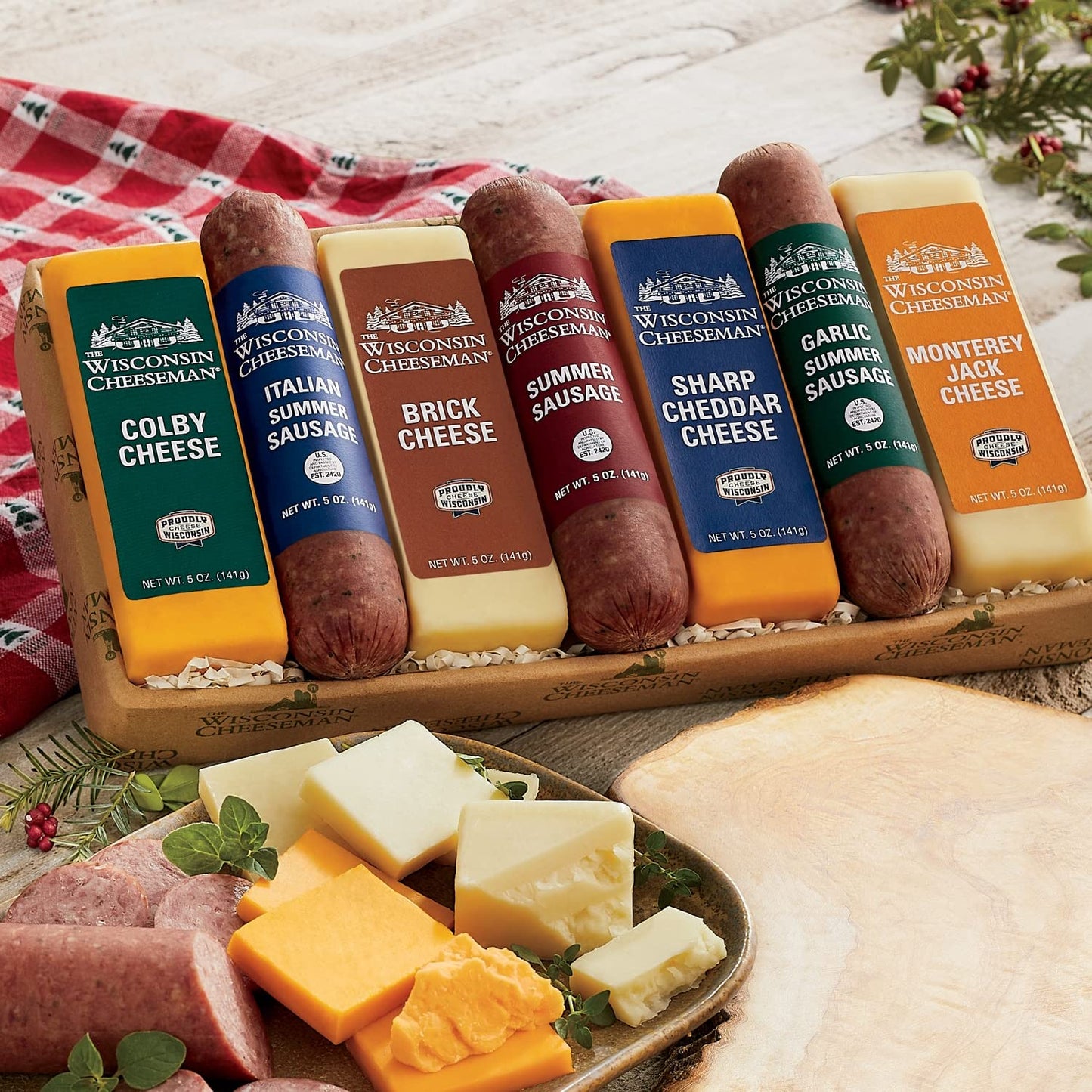 The Wisconsin Cheeseman Meat and Cheese Combo - Featuring Italian, Original and Garlic Summer Sausages, Colby, Brick, Sharp Cheddar, and Monterey Charcuterie Boards, Charcuterie Gift Basket Set