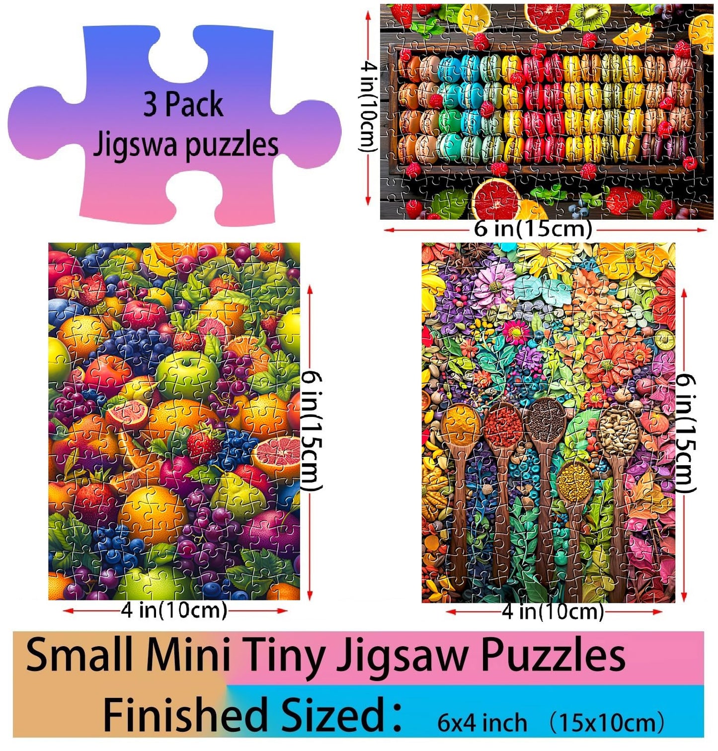 Small Jigsaw Puzzles for Adults 150 Pieces Mini Jigsaw Puzzles Challenging Colorful Macarons & Fruit Puzzles 6 x 4 Inches, 3 Pcs,Mini Easel Included