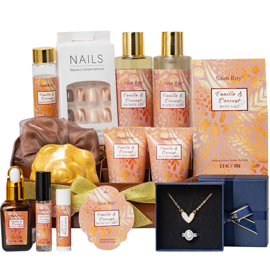 Luxury Gifts for Women, 16 Pcs Spa Gifts for Women of Coconut & Vanilla Scents Skin Care Kit, Facial Kit with Face Day Cream, Night Cream, Skincare Set, Skin Care Set Wrap in Makeup Storage Box