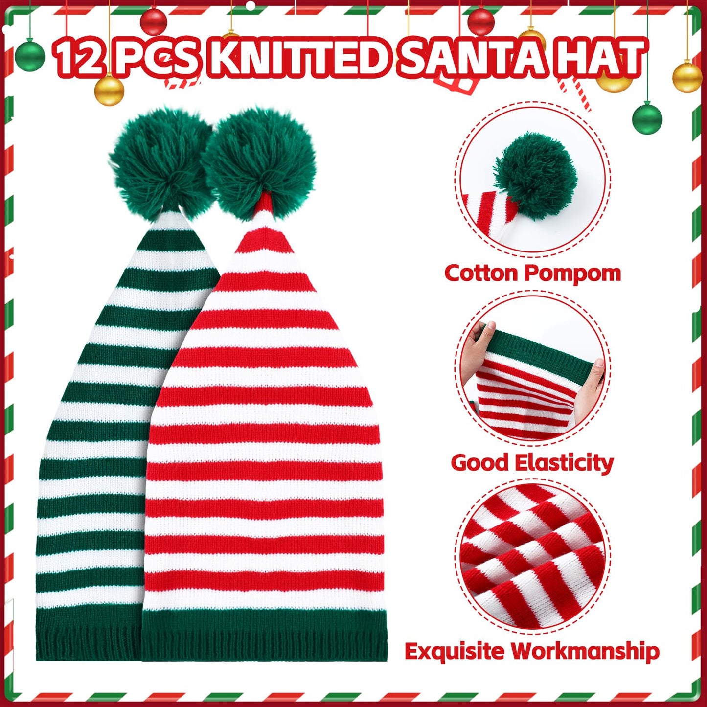 Ramede 12 Christmas Knitted Elf Hats Santa Hat for Adults Xmas Beanie Winter Hats with Pompom Bulk Crochet Caps for Women Men(Vivid Color,Stripe)