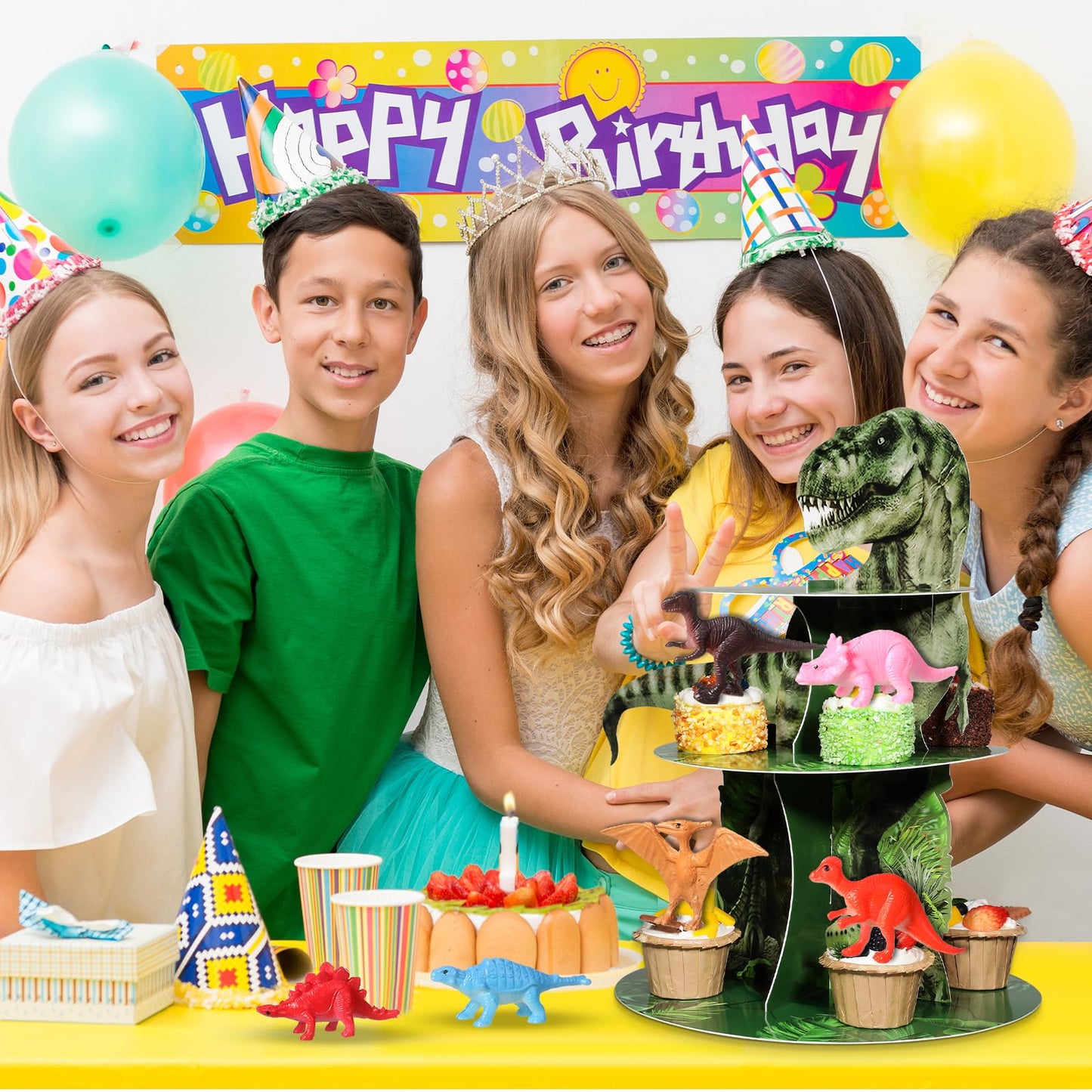 Censen 3 Tier Dinosaur Cupcake Stand Party Decorations Dinosaur Cupcake Holder 24 Pcs Dinosaur Figure Toys Cupcake Toppers Dinosaur Dessert Tower for Boys Dinosaur Jungle Theme Birthday Party Supplies