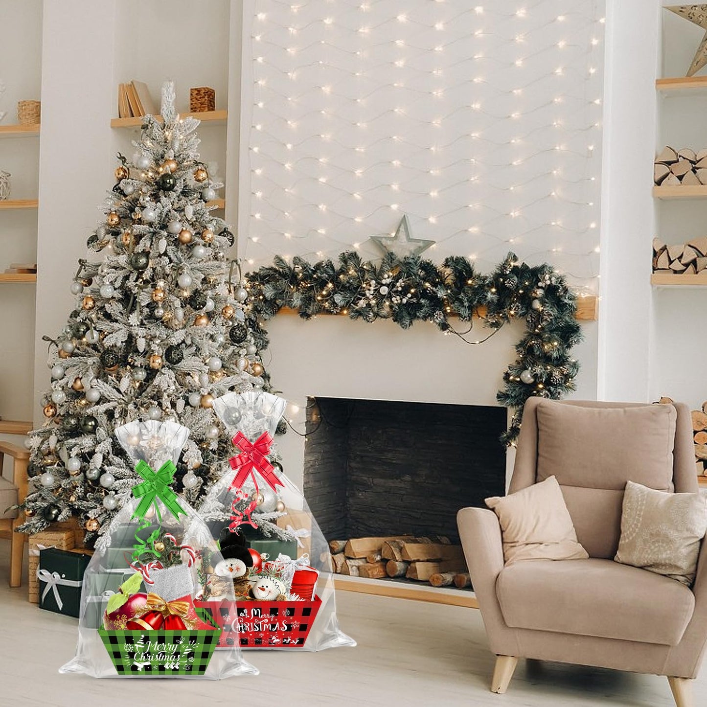 CIEOVO 24 Set Christmas Party Baskets with Cellophane, Bows, Market Tray for Christmas Xmas Holiday Party Decor