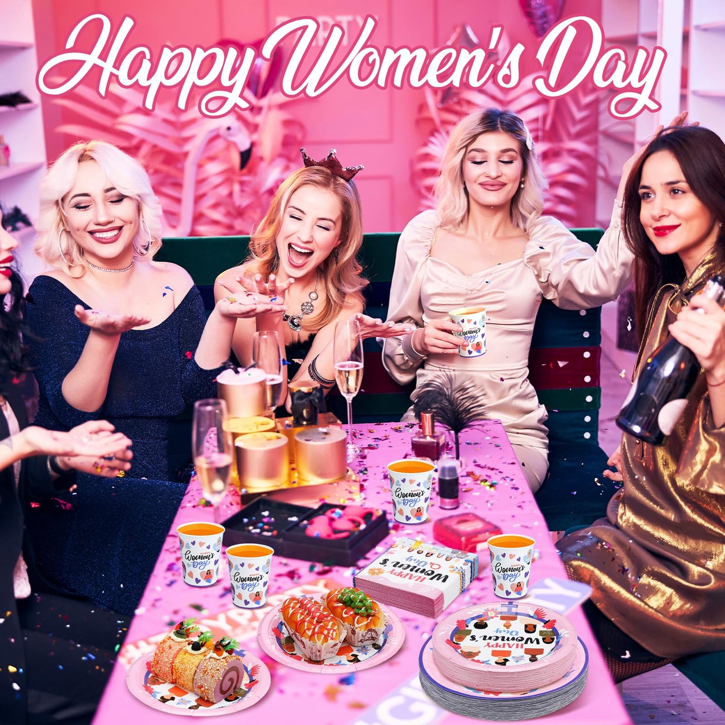 Teenyyou 200 Pcs Women's Day Party Supplies Womens History Month Decorations International Womens Day Decoration Plate and Napkin Set Serve 50 Guest Disposable Dinnerware for Birthday Holiday Supplies