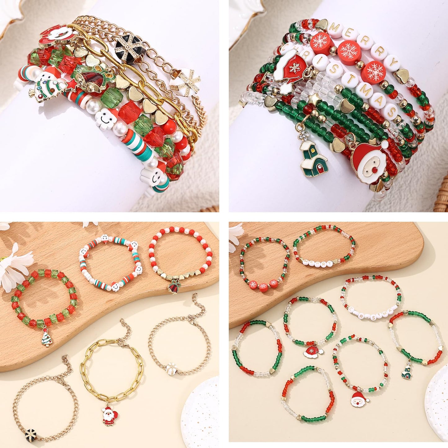 Cooluckday 36Pcs Christmas Bracelets Bulk Christmas Gifts for Women Christmas Friendship Bracelets Xmas Snowflake Snowman Bell Santa Claus Bracelets Stretch Bracelets as Party Gifts Bag Filler