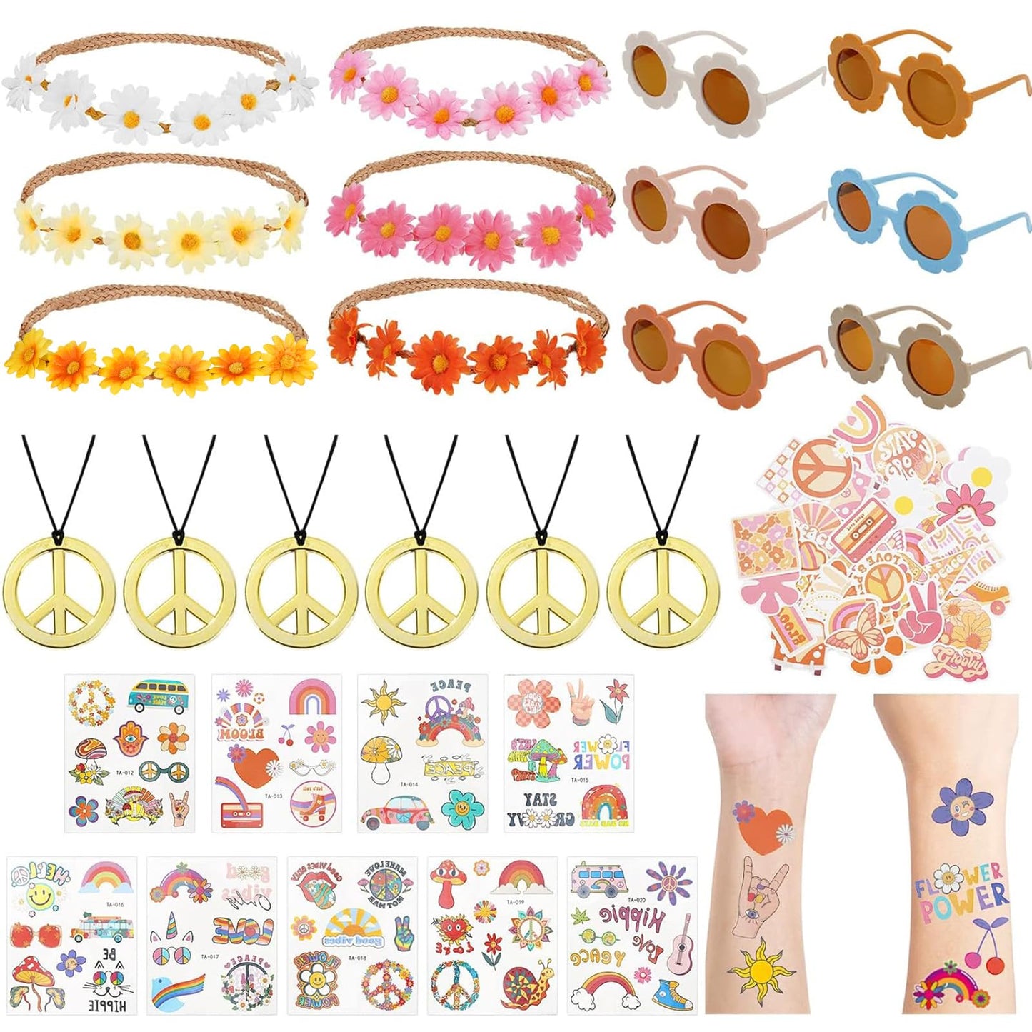 Whaline 77Pcs Groovy Hippie Party Accessories Daisy Flower Headbands Hippie Round Flower Glasses Peace Sign Necklace Temporary Tattoos for Retro Boho Costume Accessories Kids 60s 70s Party Gifts