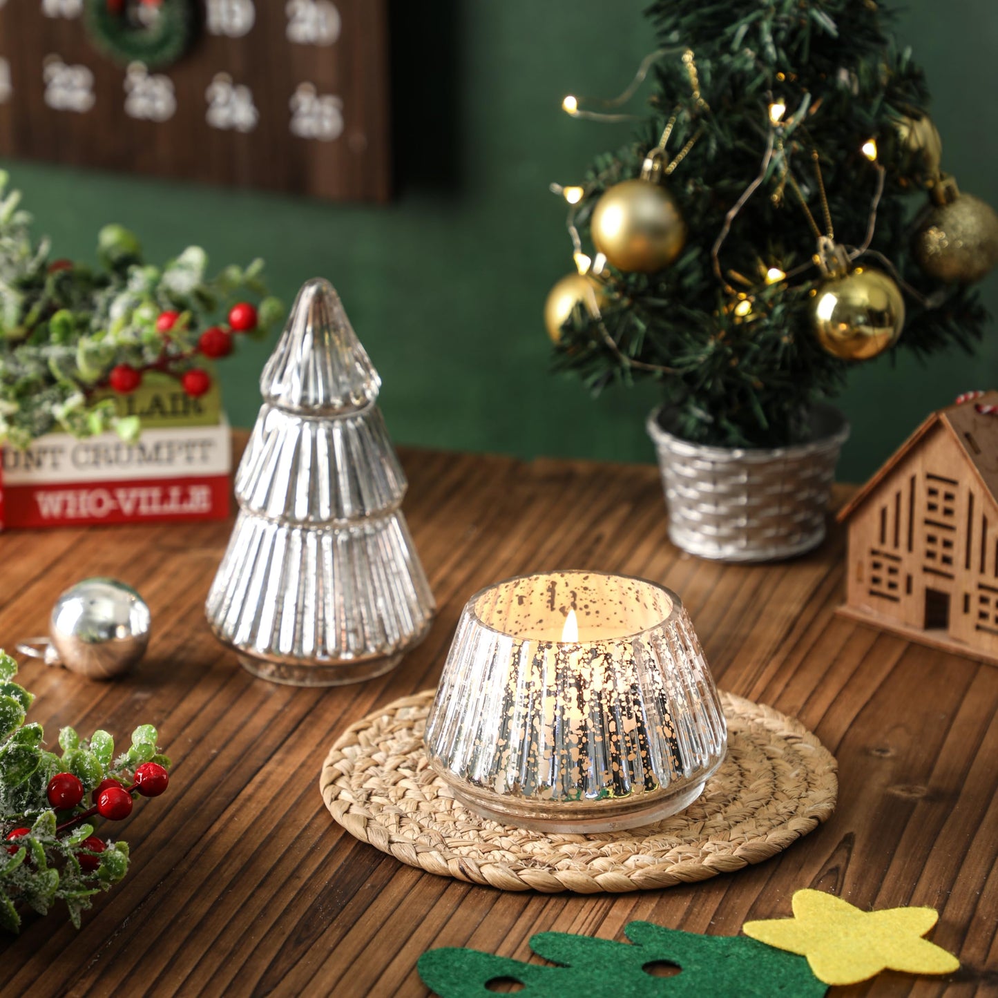 Tree Shaped Scented Candle Gift, Balsam Cedar Scented Candle, Holiday Winter White Silver Mercury Glass Tree Candle, 8oz