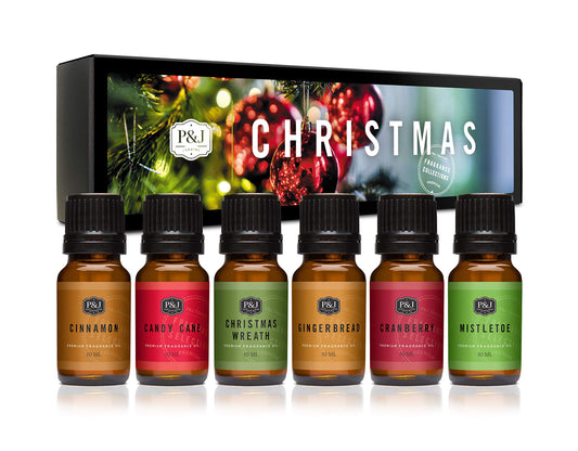 P&J Fragrance Oil Christmas Set | Christmas Wreath, Mistletoe, Candy Cane, Gingerbread, Cinnamon, and Cranberry Candle Scents, Freshie Scents, Candle/Soap Making Supplies
