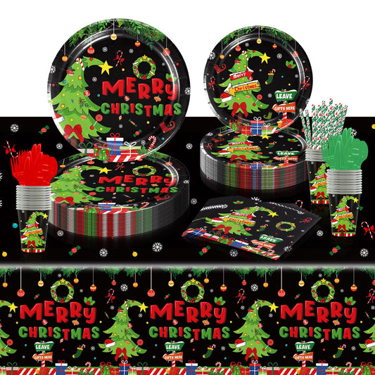 Christmas Novelty Party Tableware Set - Serves 25 Holiday Party Supplies, Disposable Plates, Tablecloth, Cups, Forks, Spoons, Knife, Napkins Dinnerware Utensils for Black Winter New Year Party