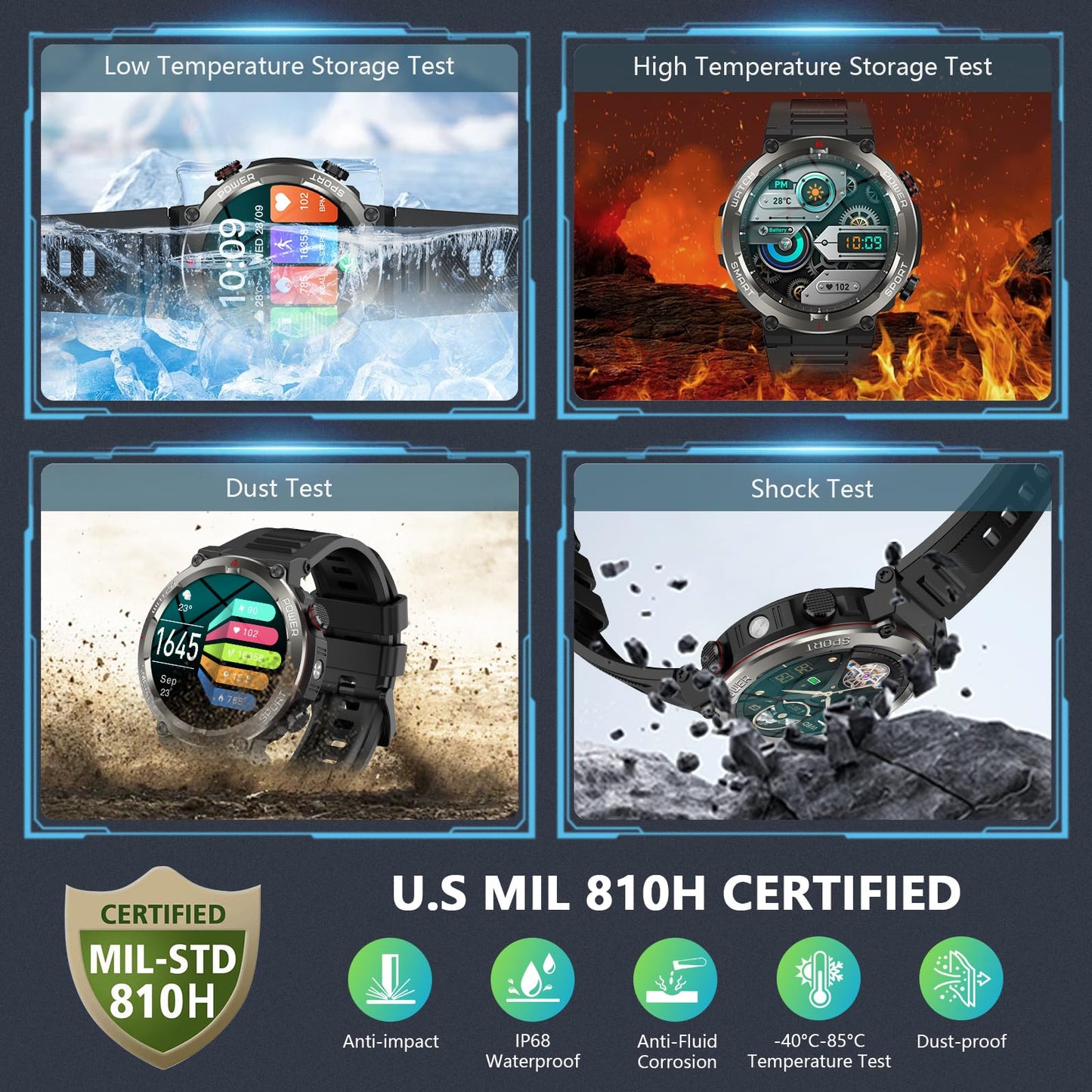 Military Smart Watch for Men, 100 Days Battery/Led Flashlight/Compass/2 Straps/IP68 Waterproof Smart Watches for Men, Tactical Smart Watch Outdoor, Answer/Make Calls Fitness Tracker for iPhone/Android