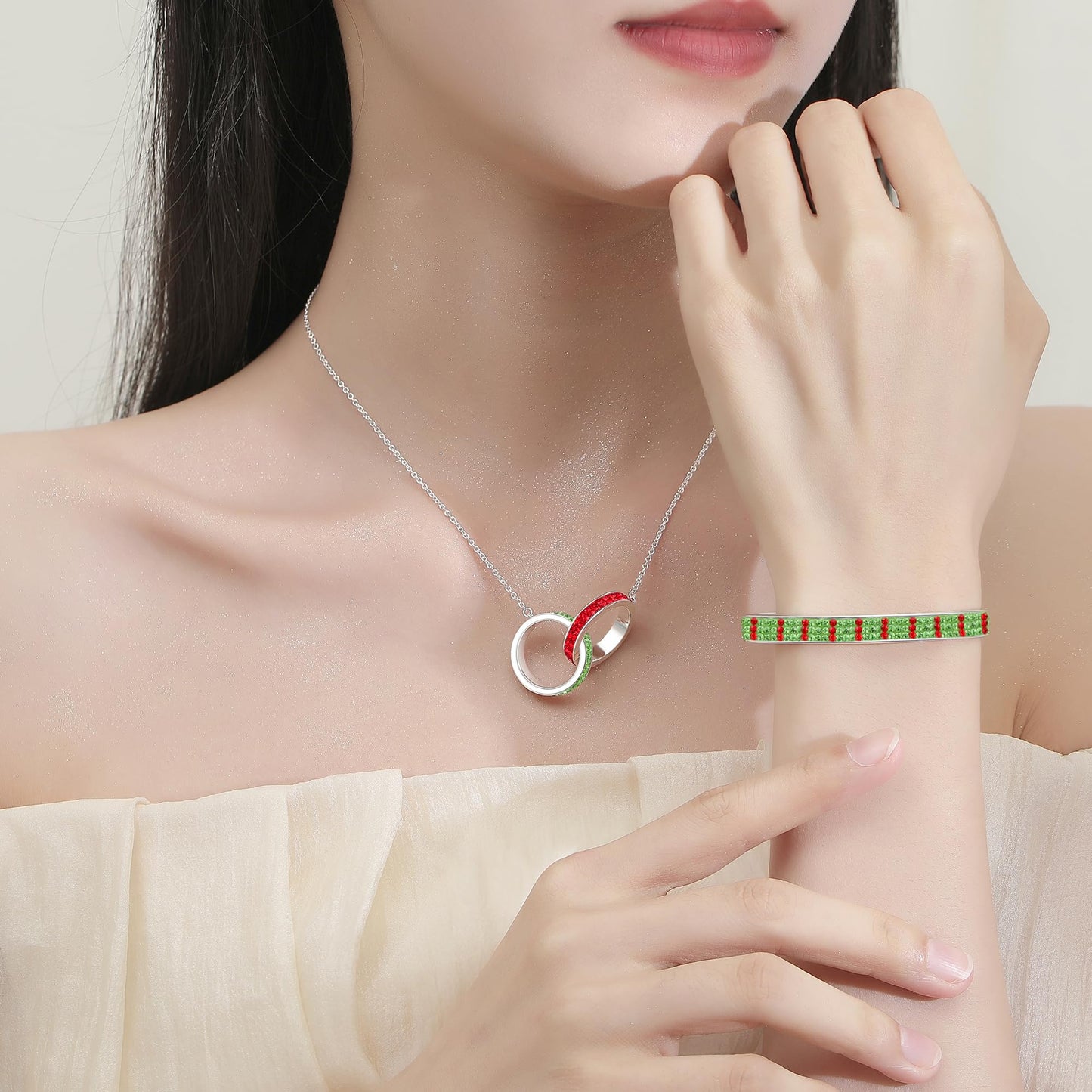 MUYUU Christmas Cuff Bracelet, Silver Plated Red and Green Bracelet, Sparkly Crystal Bracelet For Women Fashion Jewelry