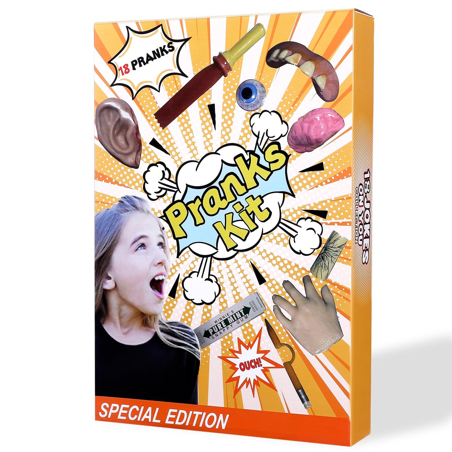Prank Kit for Kids - 18 Gags & Practical Joke Toys - Prank Stuff for April Fools - Ultimate Practical Jokes - Gag Gifts for Kids - Big Funny Toys Pack Set Box