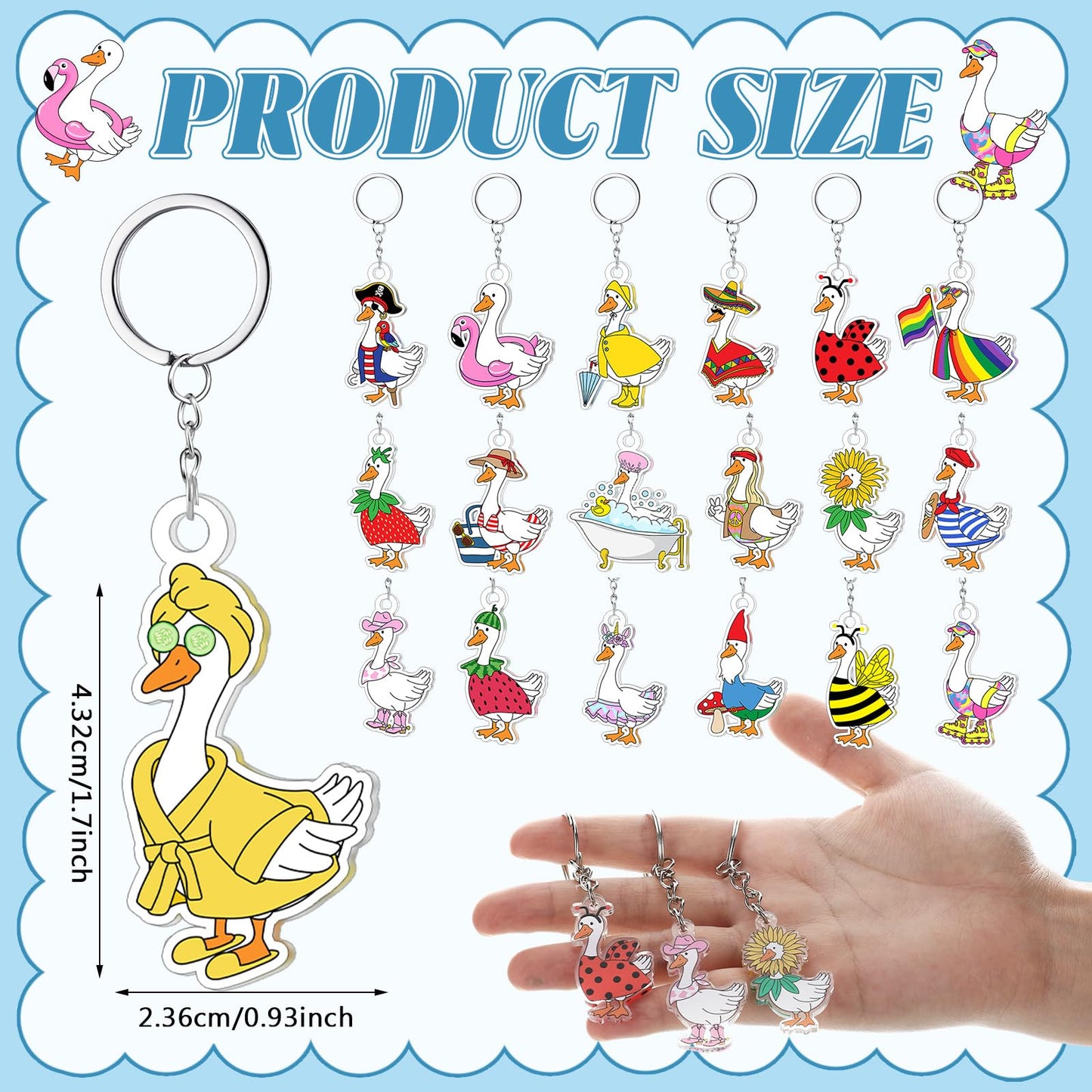 100 Pcs Cute Silly Goose Keychains Bulk, 19 Styles Featuring Pirate Bee Lifeguard Gnome Strawberry, Funny Acrylic Silly Goose Key Chains for Birthday Party Favors Game Prizes Classroom Teen Gifts