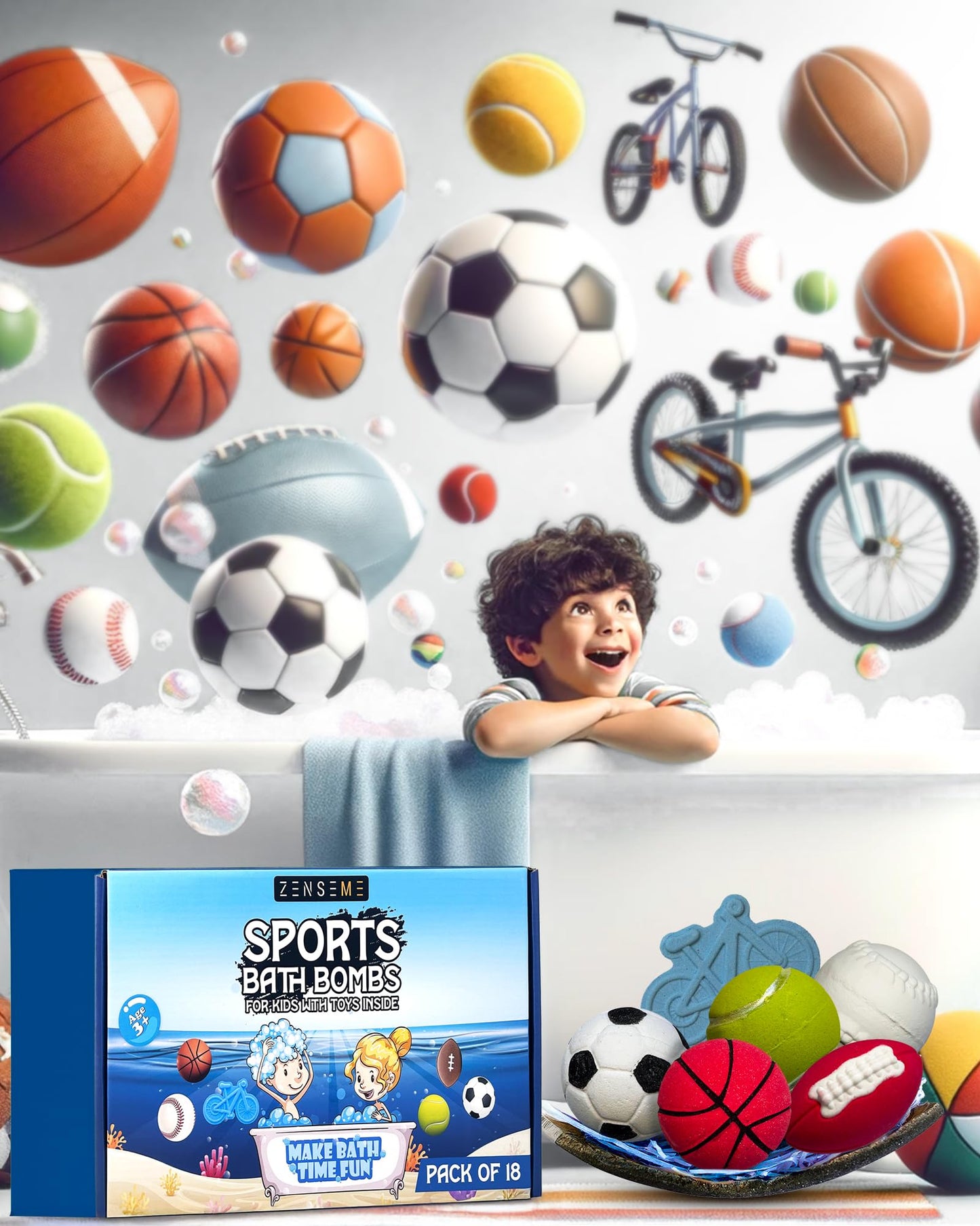 Bath Bombs with Toys Inside W/Flash Cards - Sports Bath Bombs for Kids - Gift Set of 18 Scented Organic Handmade - 2.5 oz with Natural Essential Oils - 18 Pack