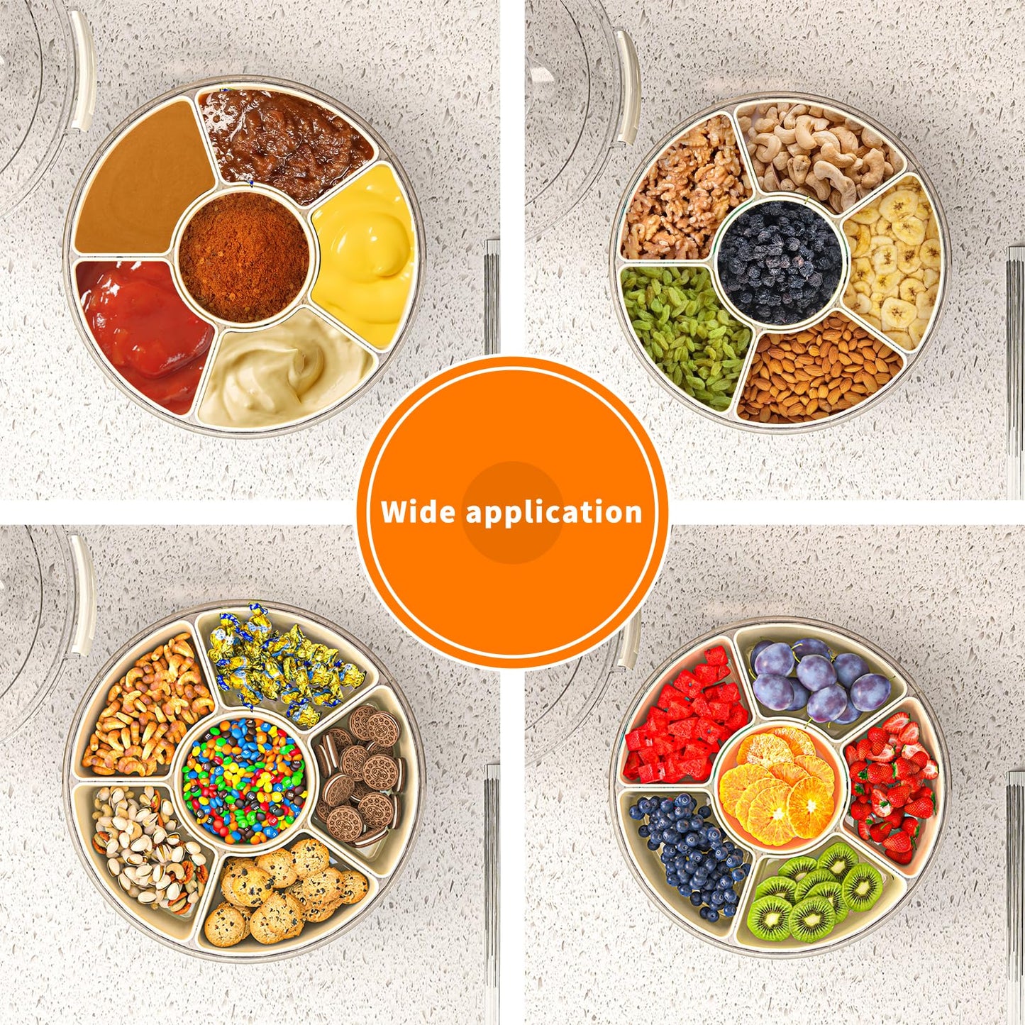 riyeloi Divided Serving Tray with Lid and Handle, Stackable Snackle Box Container for Fruits Candy Organizer, Portable Spinning Rounded Veggie Tray for Kitchen, Party, Trave and Picnic-1 PACK