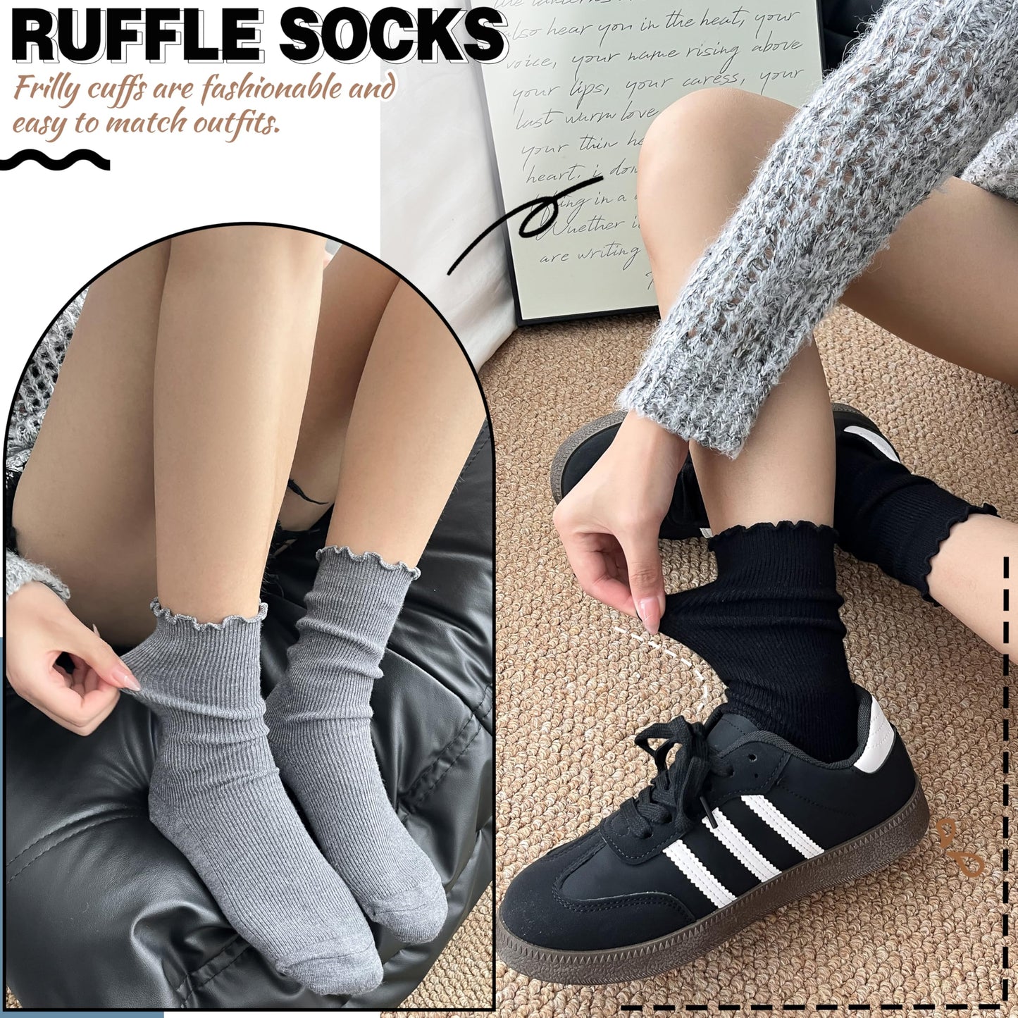 SAVALOS Thin Merino Wool Ruffle Boot Socks Warm Winter Cozy Frilly Soft Crew Work Gifts Socks for Womens 5 Pairs Stocking Stuffers(Striped-Grey,M)