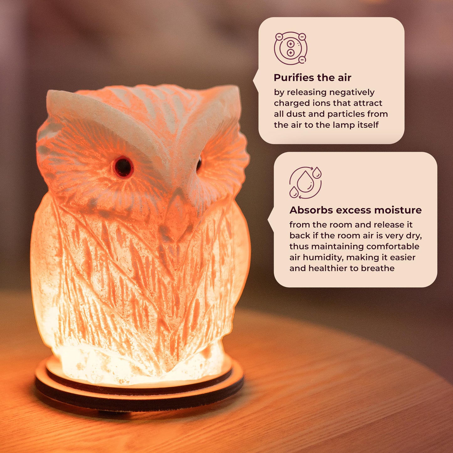 Owl Crystal Salt Lamp H 6.7”, 4.4 lbs - Pure Natural Rock Salt – Unique Night Light Lamp - 1 Light Bulb as a Gift - Wooden Present Box - Holiday Gift Ideas - Cool Room Décor