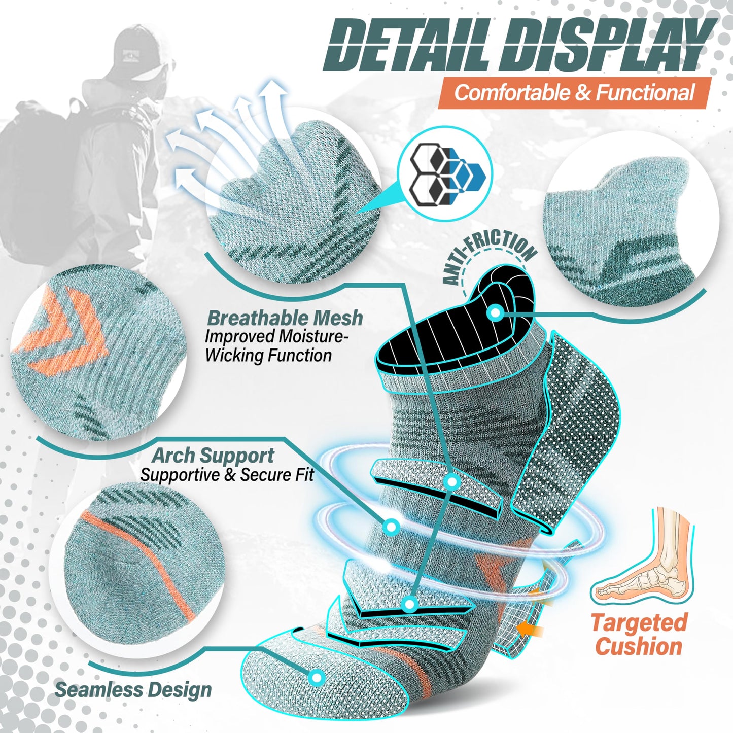 ANTSANG Merino Wool Ankle Hiking Socks Compression Warm Thermal Thick Cushion Winter Running No Show Moisture Wicking Socks Gifts Stocking Stuffers for Women Men 6 Pairs(Light Mixed,M)