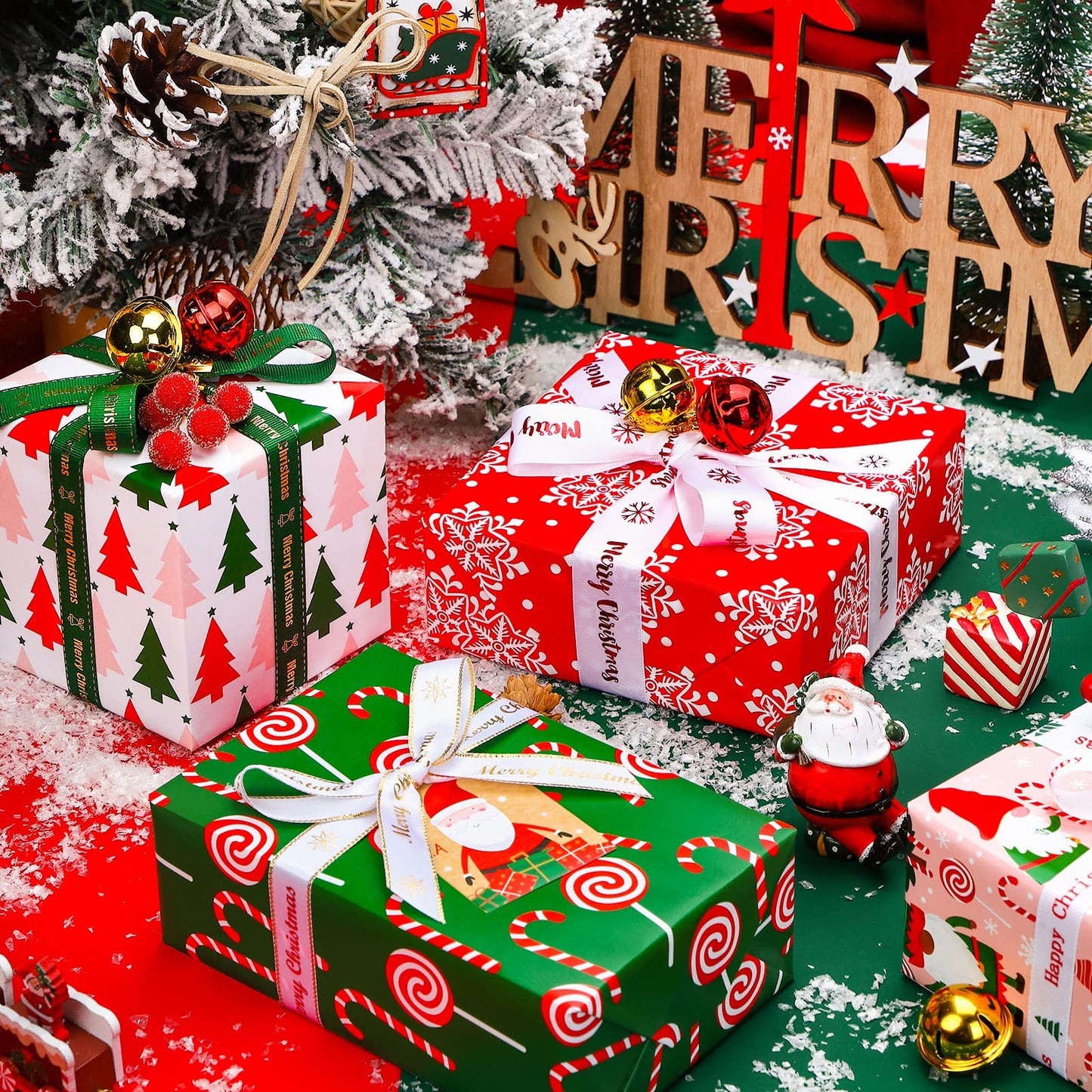 WRAPAHOLIC Christmas Wrapping Paper Set - Christmas Gnome Elf Holiday Collection Wrapping Paper Bundle with Gift Bow & Ribbon & Tag & Sticker