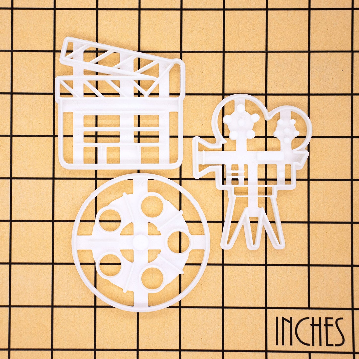 Set of 3 Movie themed cookie cutters (Designs: Movie Reel, Video Camera, and Clapboard), 3 pieces - Bakerlogy