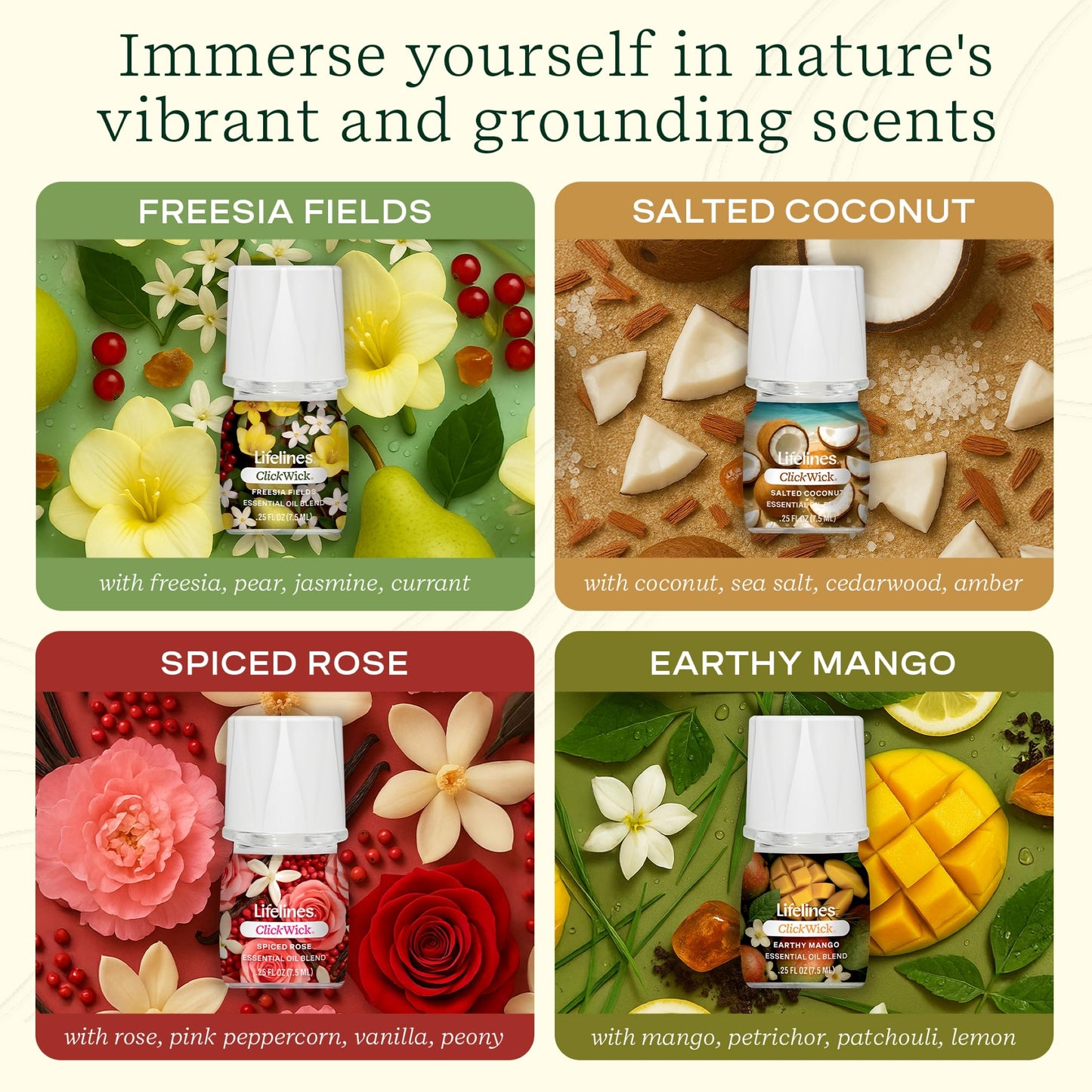 ClickWick Essential Oil Blends for Lifelines Diffusers, 4-Pack Lush Earth Collection - Essential Oil Blend Refill for Candle, Plant & Shower Aromatherapy Diffuser - Fragrance for Diffusers