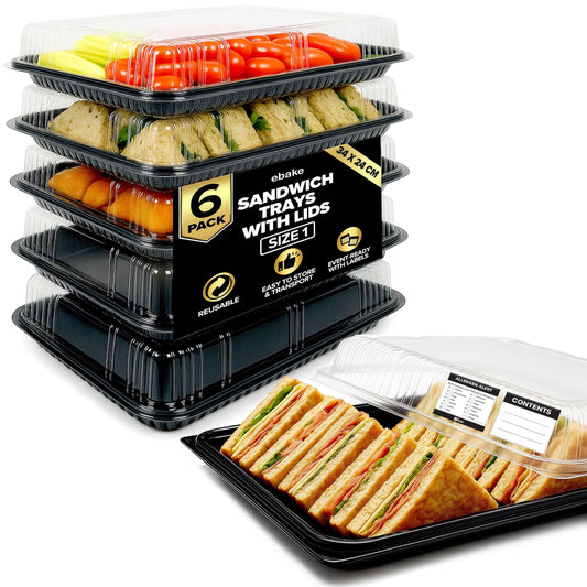 6 Pack Catering Trays with Lids – 13" Serving Tray with Lid, Heavy Duty Recyclable Plastic Party Platters for Catering, Buffet, Picnics & Events – Food Trays with Clear Lid (13.39 × 9.84 × 2.95 inch)