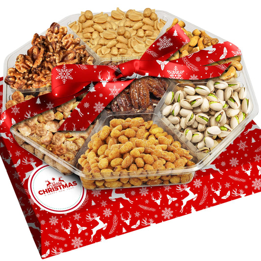 Christmas Nuts Gift Basket for Holiday Season, Premium Mixed Nut Assortment Gift Gourmet Snack Food Present Box, Vegan, Organic and Kosher - Christmas Gift Basket for Family (7 Sectional)