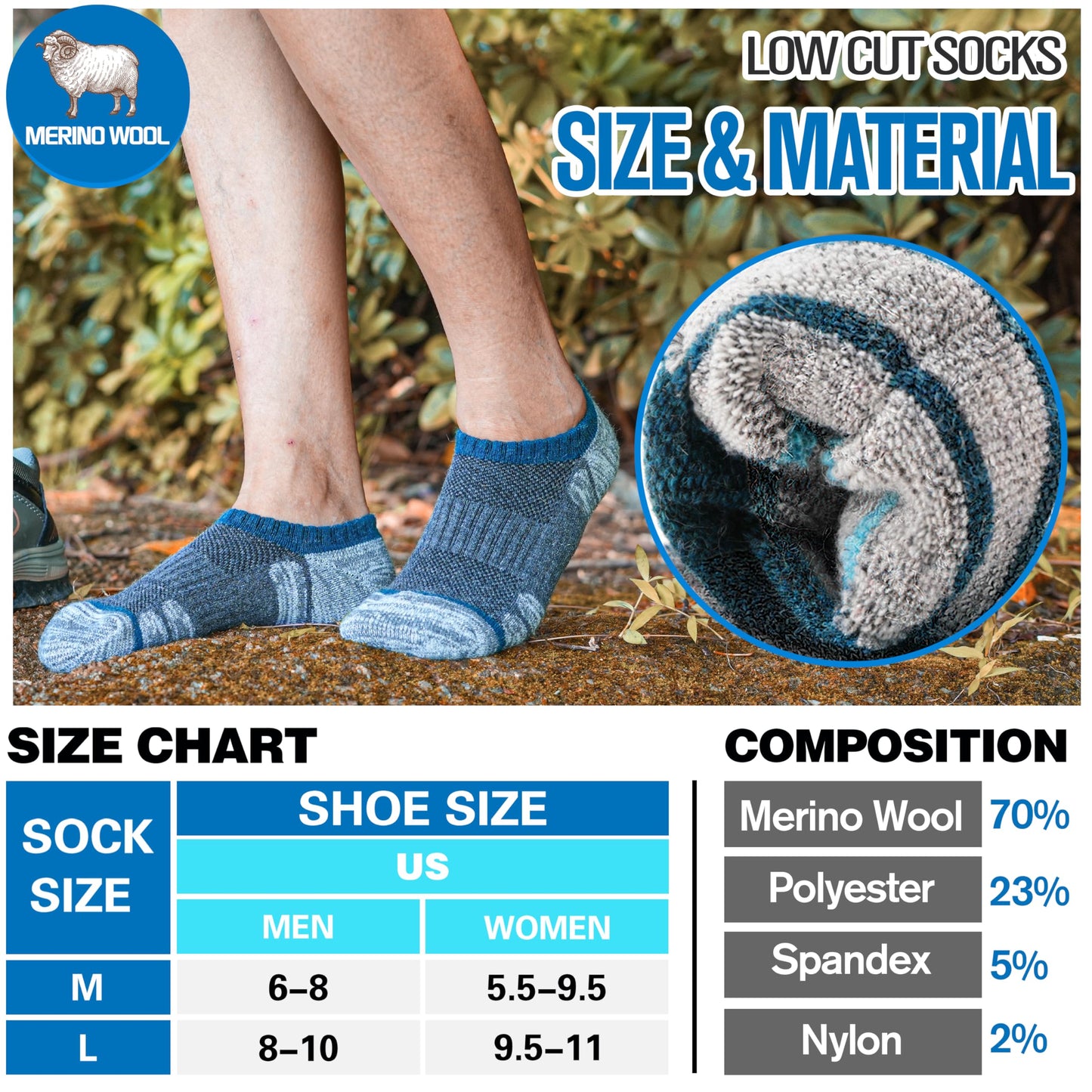 Merino Wool Hiking No Show Running Socks Thick Warm Low Cut Ankle Thermal Athletic Gift Socks for Women Men 6 Pairs Stocking Stuffers (Assorted,M)