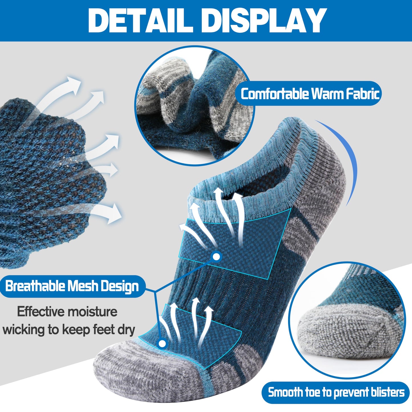 Merino Wool Hiking No Show Running Socks Thick Warm Low Cut Ankle Thermal Athletic Gift Socks for Women Men 6 Pairs Stocking Stuffers (Assorted,M)