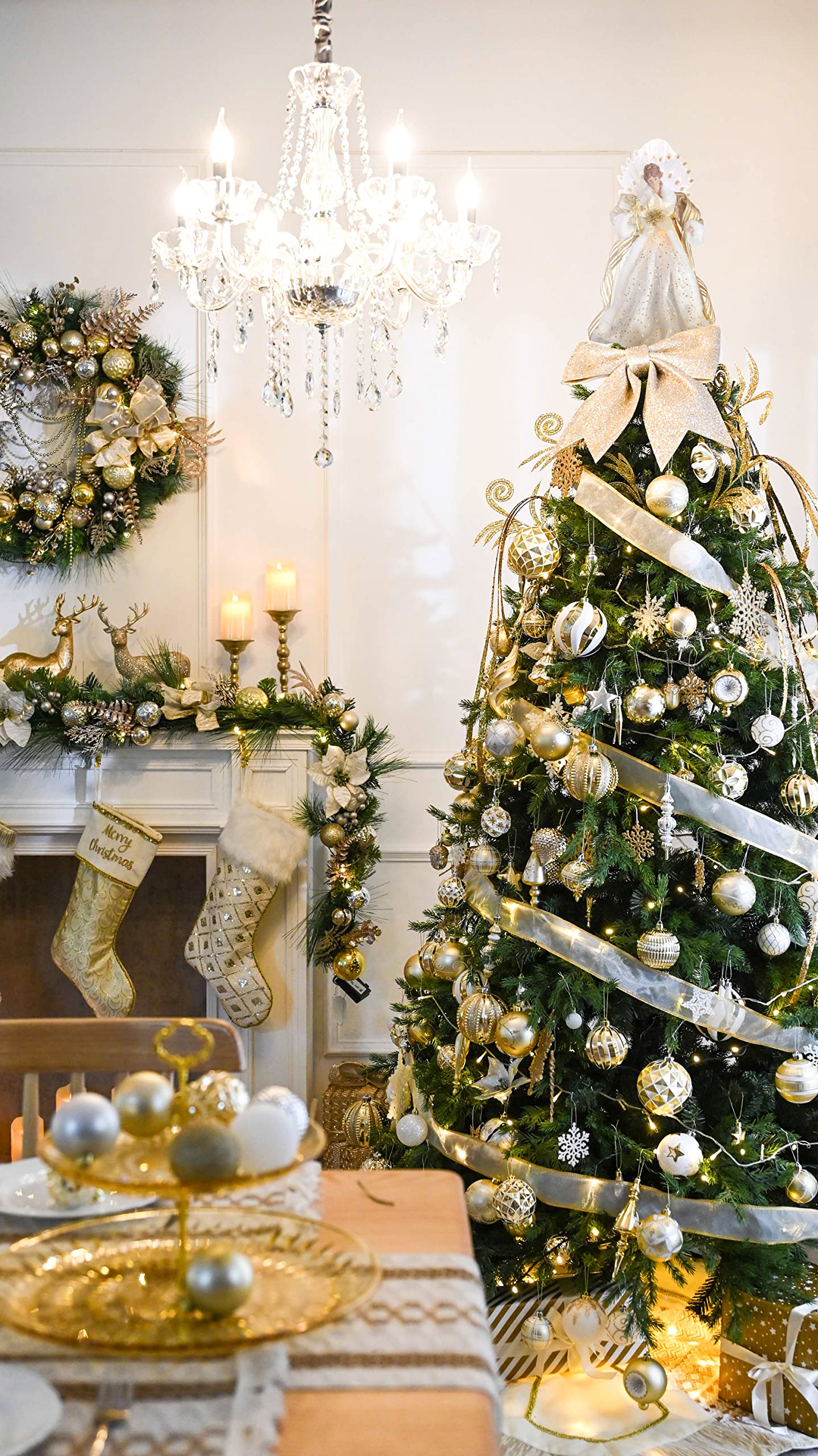 Valery Madelyn Lighted Christmas Tree Topper Angel with Timer, 16 Inch Luxury White Gold Fabric Small Angel Tree Topper with Lights for Christmas Tree Decor Indoor, Battery Operated, Valentines Gift