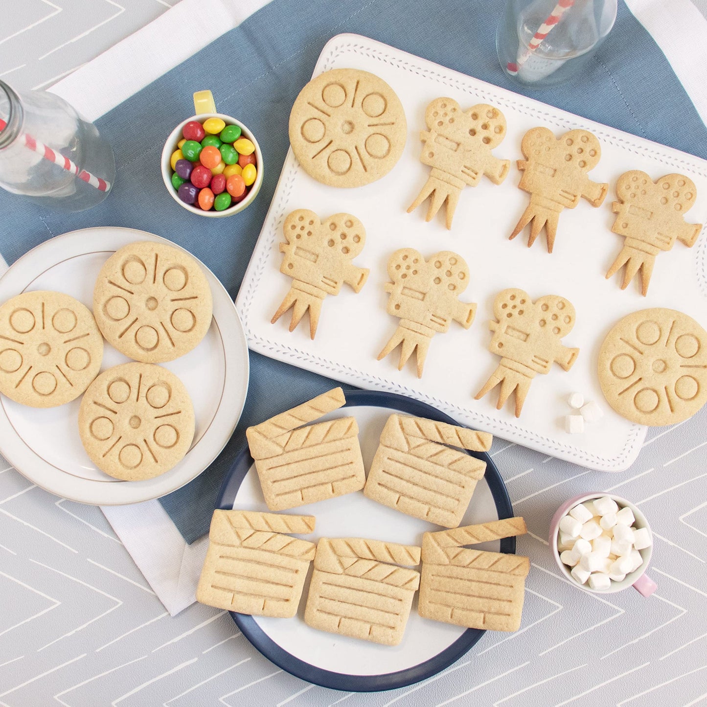 Set of 3 Movie themed cookie cutters (Designs: Movie Reel, Video Camera, and Clapboard), 3 pieces - Bakerlogy