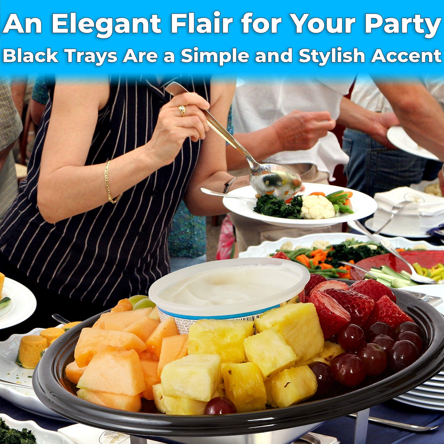 Avant Grub Heavy Duty, Recyclable 12 in. Serving Tray and Lid 3pk. Large, Black Plastic Party Platters with Clear Lids Dishware Plate, Elegant Round Banquet or Catering Trays for Serving Appetizers