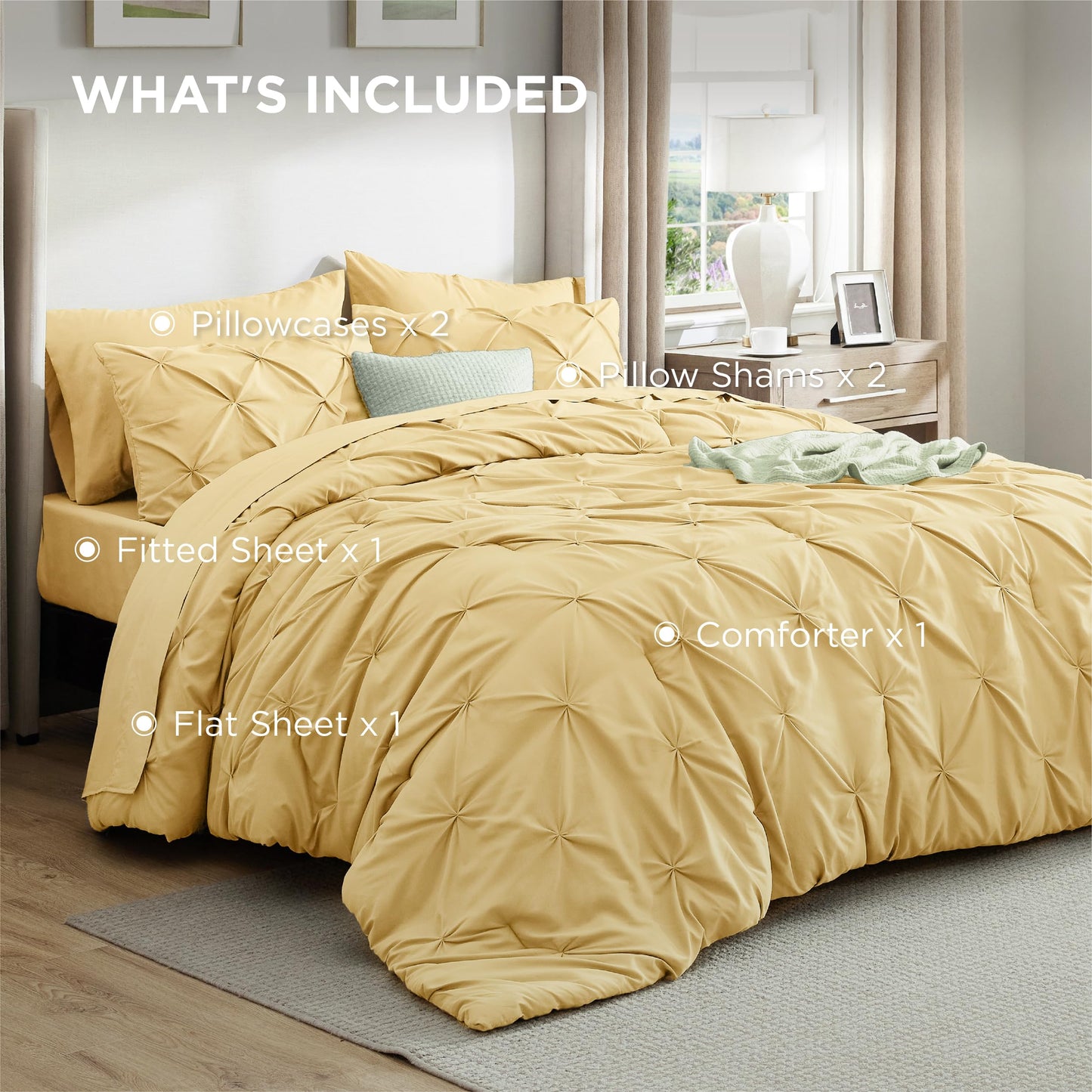 Bedsure Queen Comforter Set Yellow - Bed in a Bag Queen 7 Pieces, Pintuck Bedding Sets Gift for Christmas, Pinch Pleat Bed Set with Queen Size Comforter, Sheets, Pillowcases & Shams