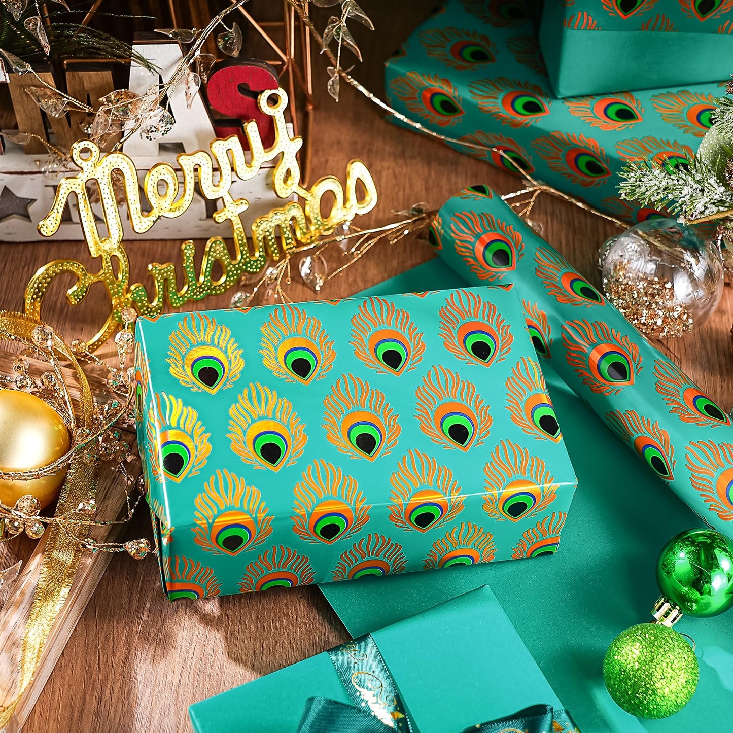 WRAPAHOLIC 30 Inch Jumbo Reversible Peacock Christmas Wrapping Paper - 30 Inch x 100 Feet Jumbo Roll Peacock Feather Wrapping Paper with Metallic Foil Shine for Christmas, Birthday, Holiday