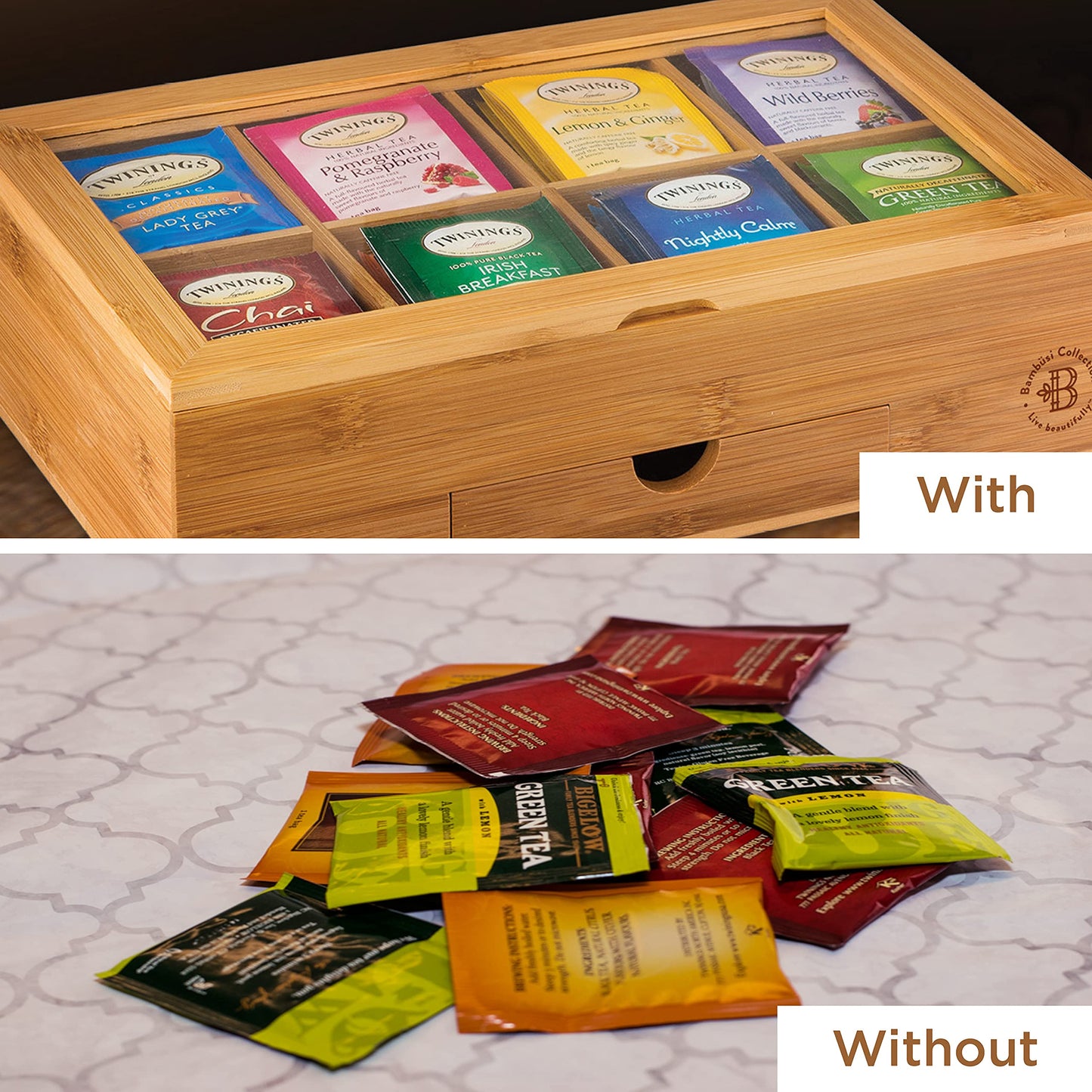 Tea Bag Organizer - Bamboo Tea Box Storage with Drawer & Acrylic Window, Tea Organizer Holder, Tea Bag Holder, Tea Storage Box, Tea Box Organizer, Holiday Gift Idea for Home Kitchen (Tea Not Included)