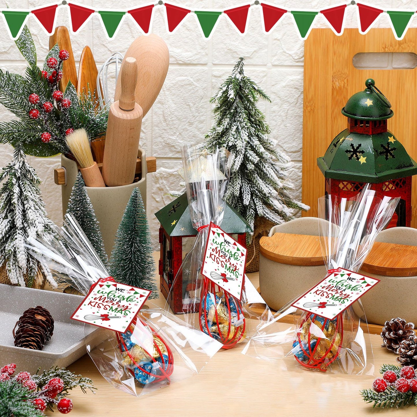 Nuogo 6 Sets Christmas Whisk Baking Supplies Gifts Sets Includes Stainless Steel Whisk, Greeting Cards, Ribbons, Plastic Bags for Neighbor Employee Cooking Supplies Christmas Stocking Stuffers Ideas