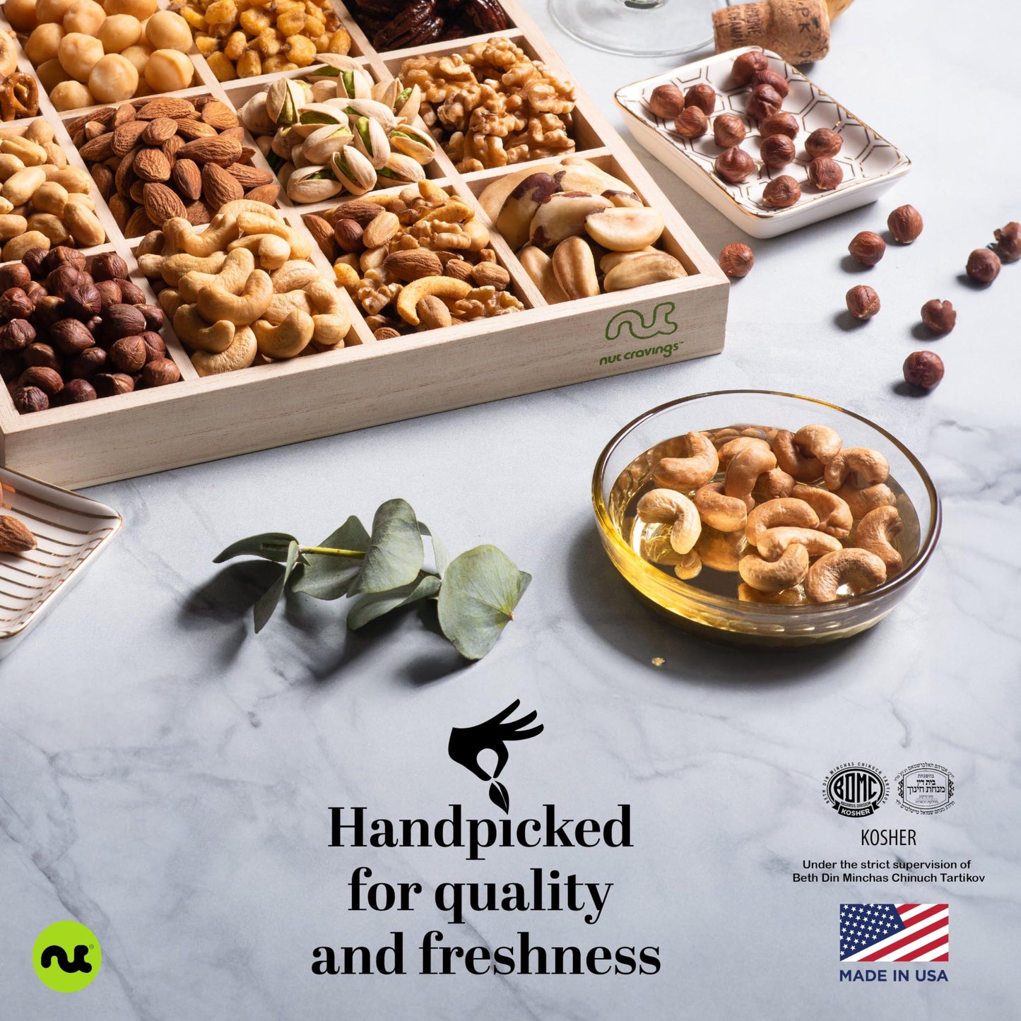 NUT CRAVINGS - Mixed Nuts Gift Basket in Reusable Wooden Tray + Heart Ribbon (12 Assortments) Food Arrangement, Healthy Snack Care Package, Food Assortments