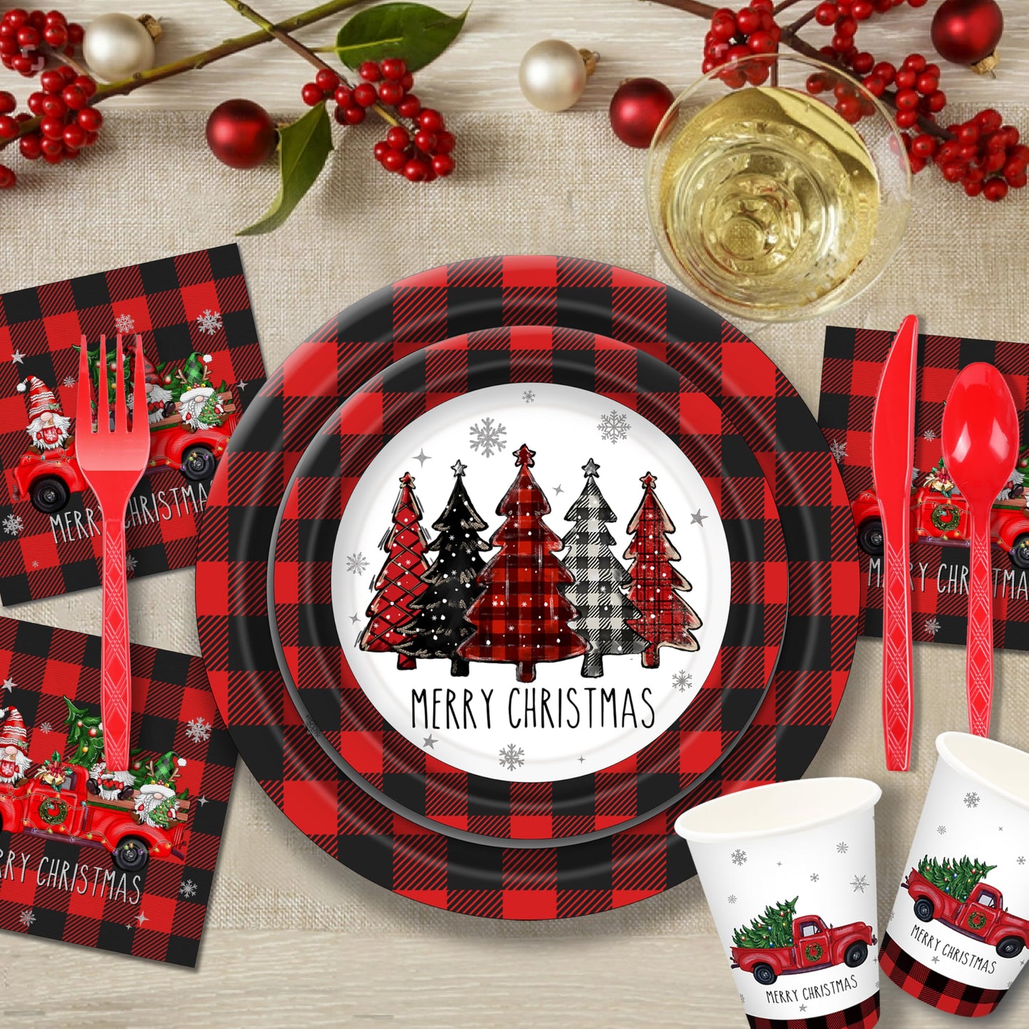 Christmas Plates Set Christmas Dinner Tableware Set Disposable 168Pcs Christmas Party Supplies for 24 Guests Buffalo Plaid Christmas Paper Plates Napkins Cups Plastic Forks Knives Spoons