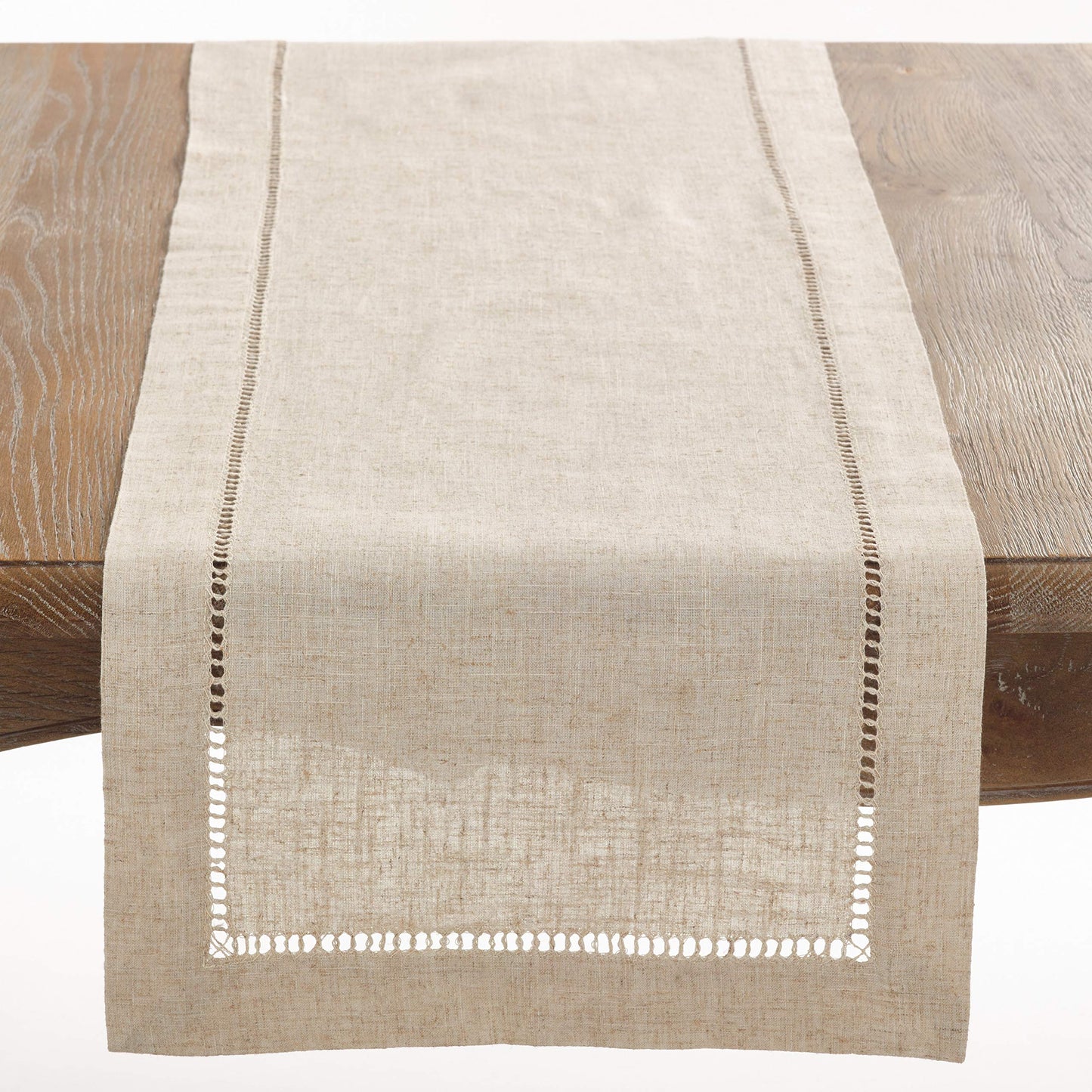 Saro Lifestyle Poly and Linen Blend Hemstitched Table Runner with Hemstitch Border, 16"x72", Natural