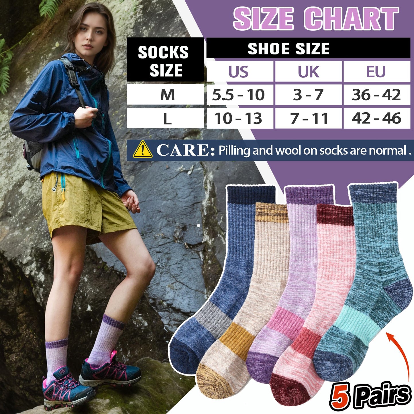 SAVALOS Merino Wool Hiking Socks for Women Thermal Warm Winter Cozy Work Crew Gifts Socks 5 Pairs Stocking Stuffers (Assorted A,M)