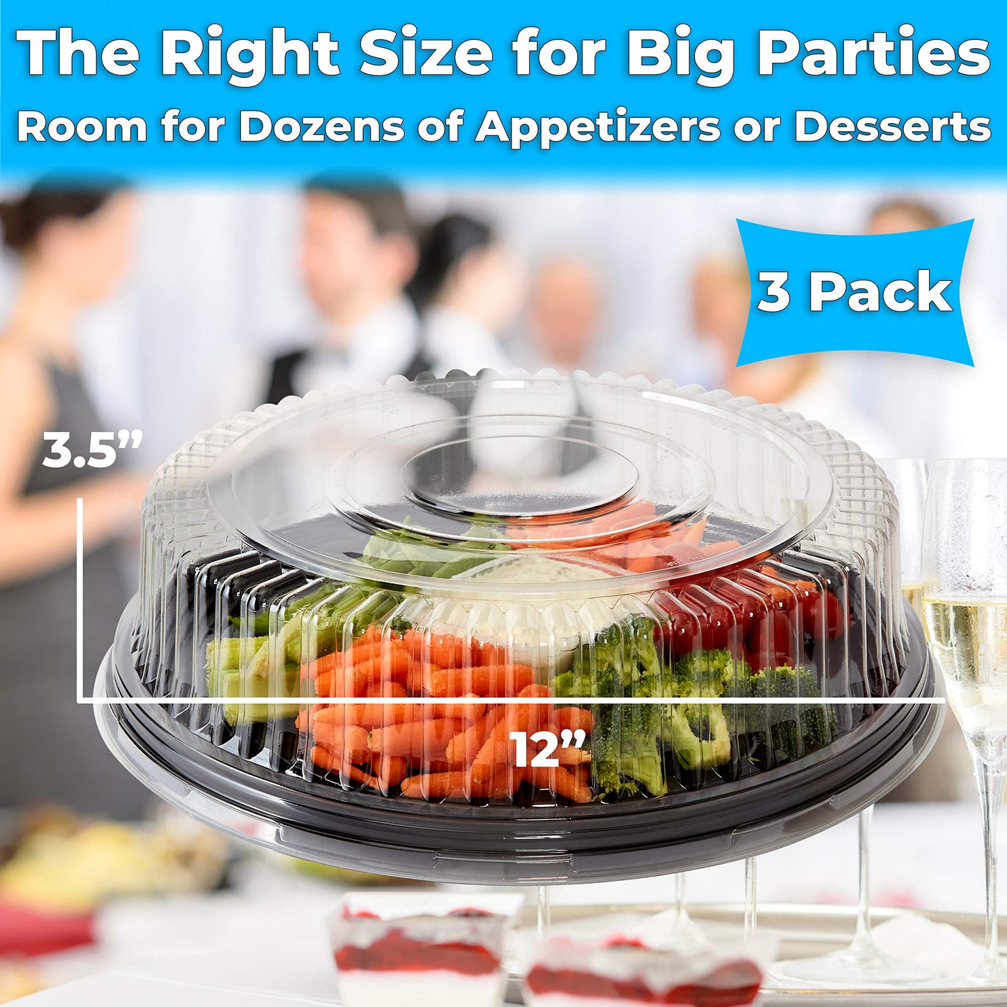 Avant Grub Heavy Duty, Recyclable 12 in. Serving Tray and Lid 3pk. Large, Black Plastic Party Platters with Clear Lids Dishware Plate, Elegant Round Banquet or Catering Trays for Serving Appetizers